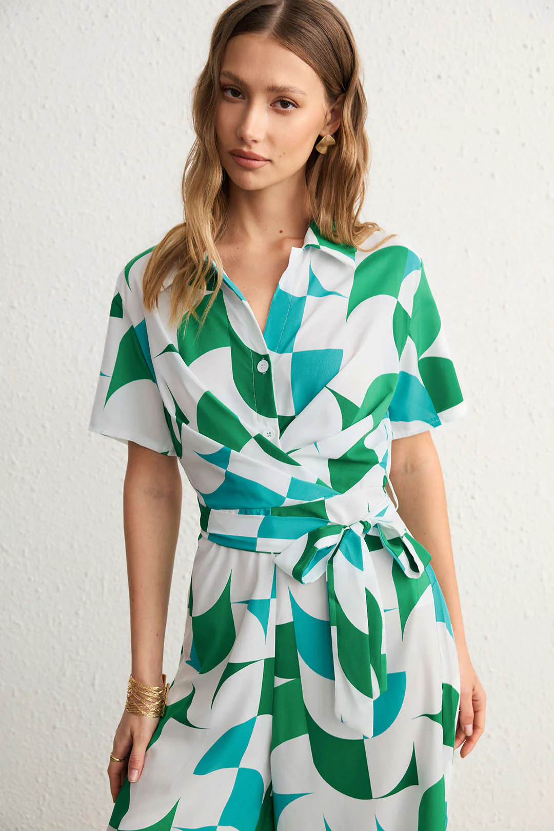 Contrast Geometric Print Lapel Tie-Up Short Sleeve Jumpsuit - Flockneti