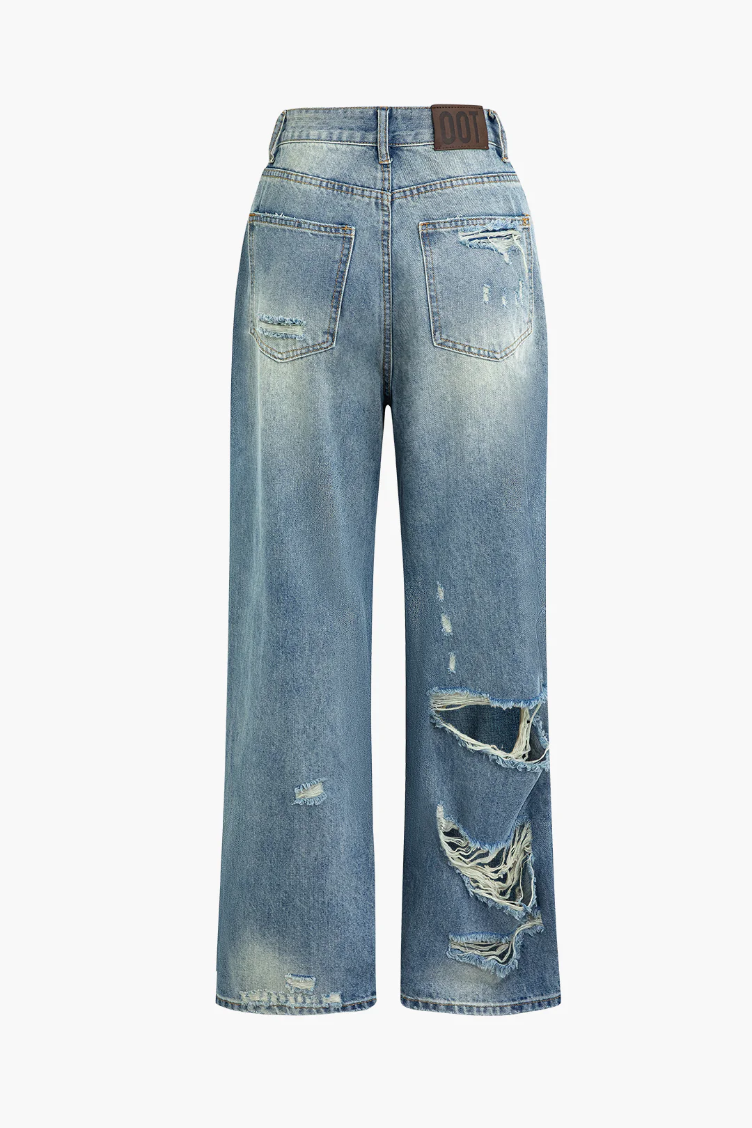 Denim Ripped Cut Out Frayed Wide Leg Jeans - Flockneti
