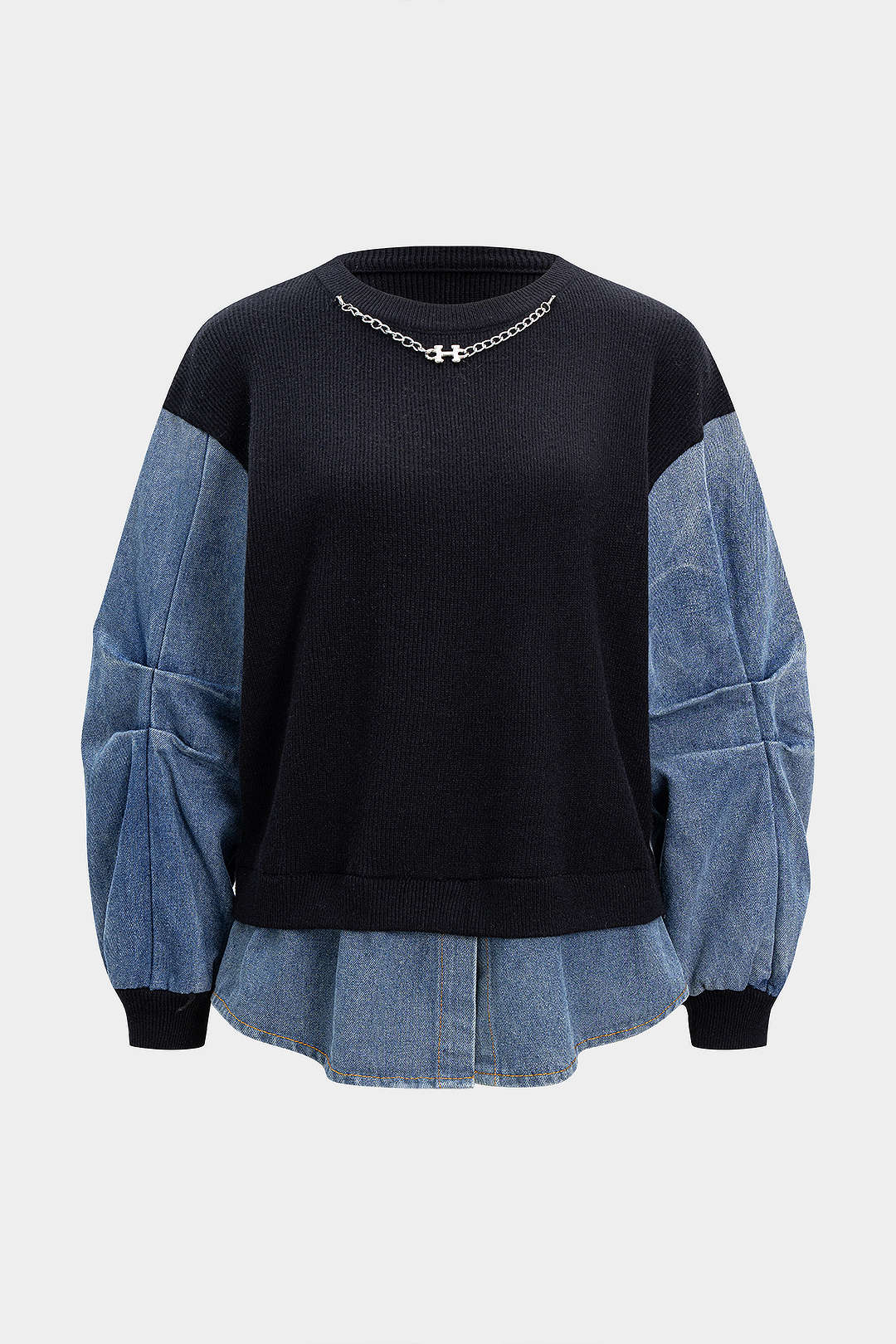 Knit Denim Patchwork Chain Decor Ruched Long-Sleeve Top - Flockneti