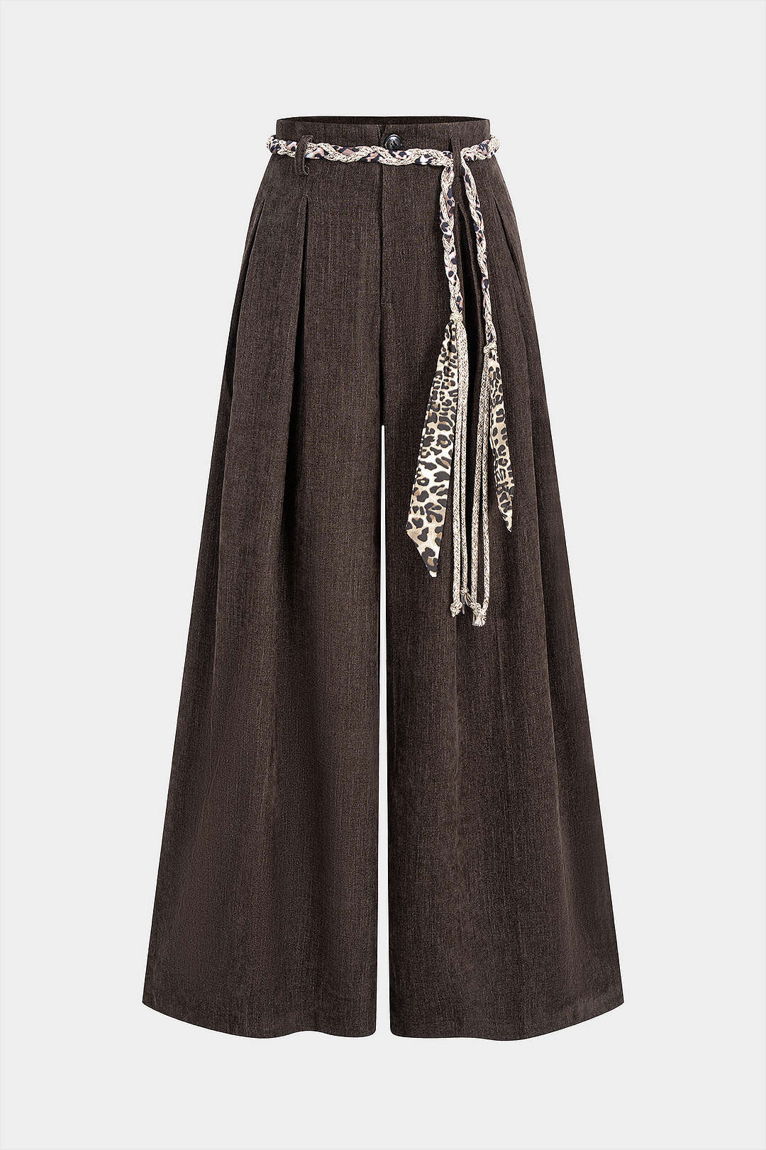 Leopard Print Braided Belted High Waist Pants - Flockneti