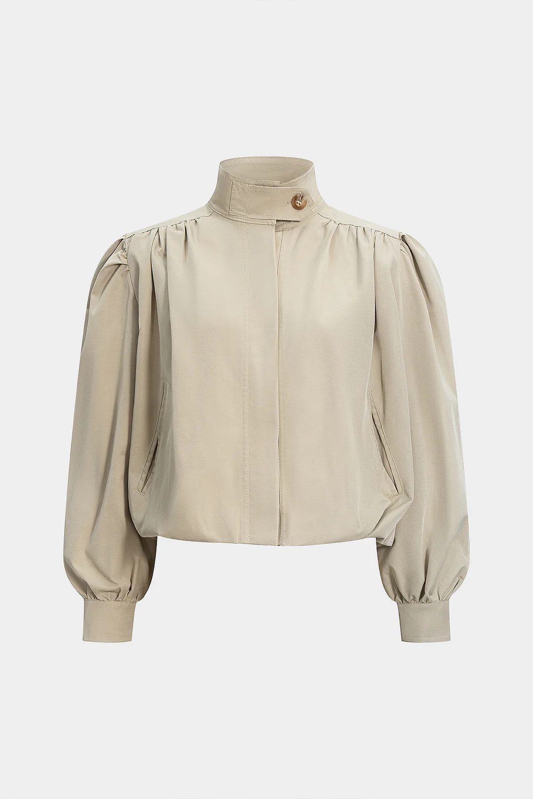 Stand Collar Ruched Shoulder Pad Jacket - Flockneti