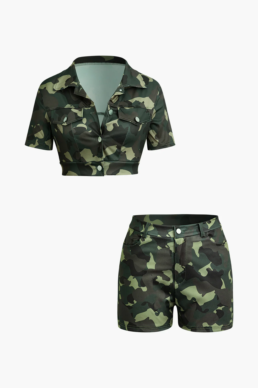 Camo Print V-Neck Button Short Sleeve Top And Shorts Set - Flockneti