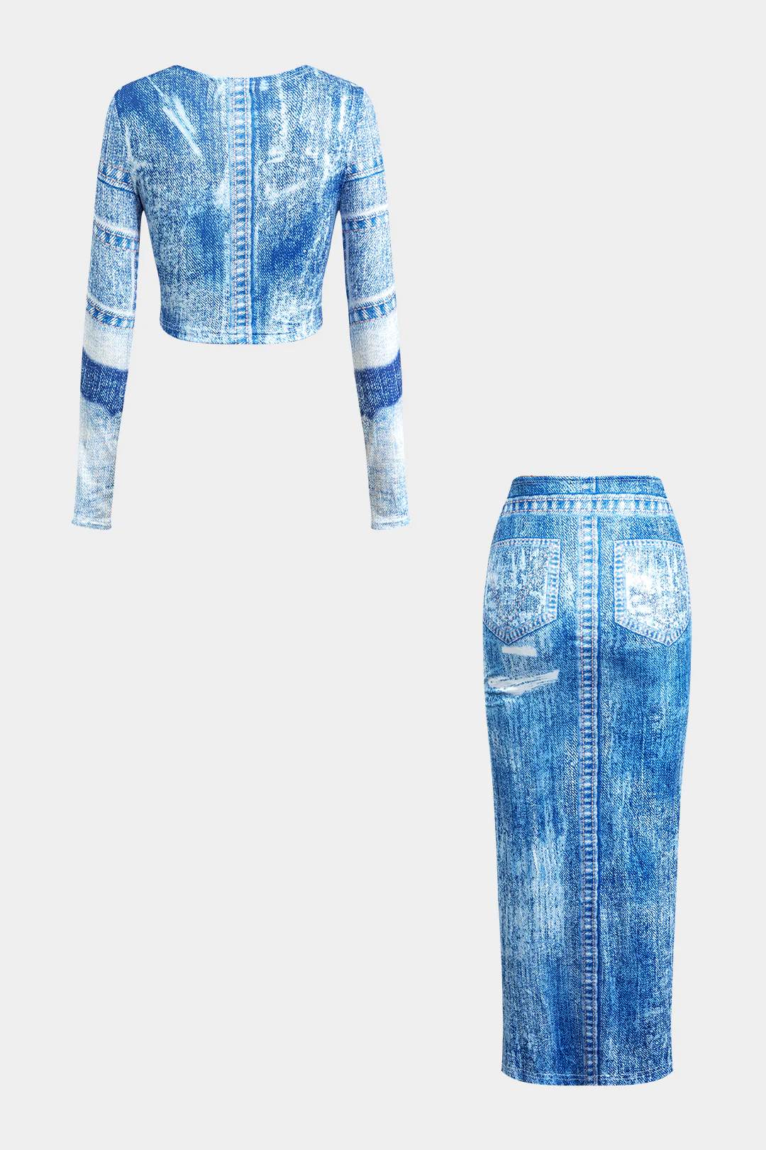 Denim Print Round Neck Long Sleeve Top And Bodycon Skirt Set - Flockneti