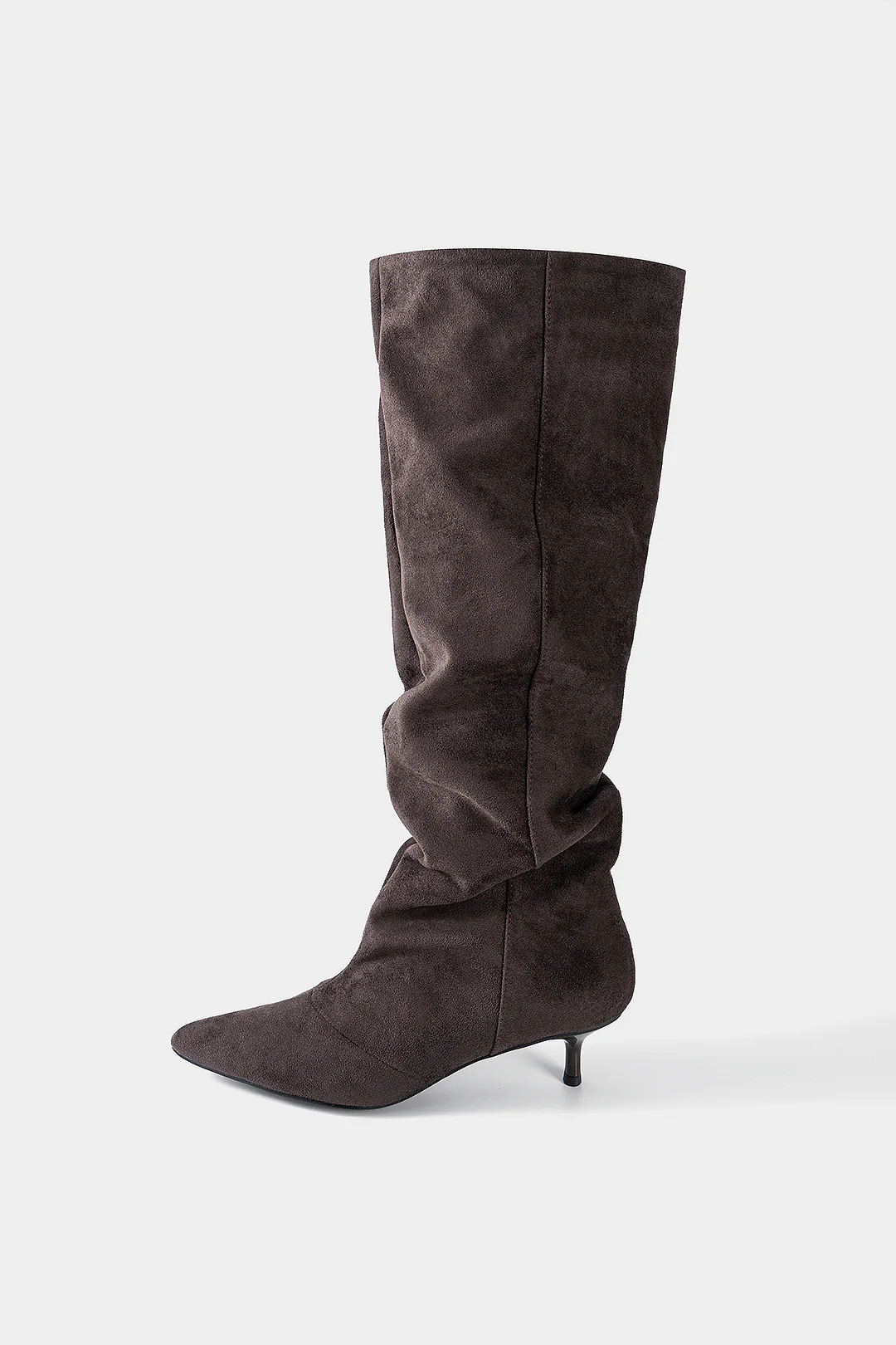 Suede Ruched Pointed Knee High Boots - Flockneti