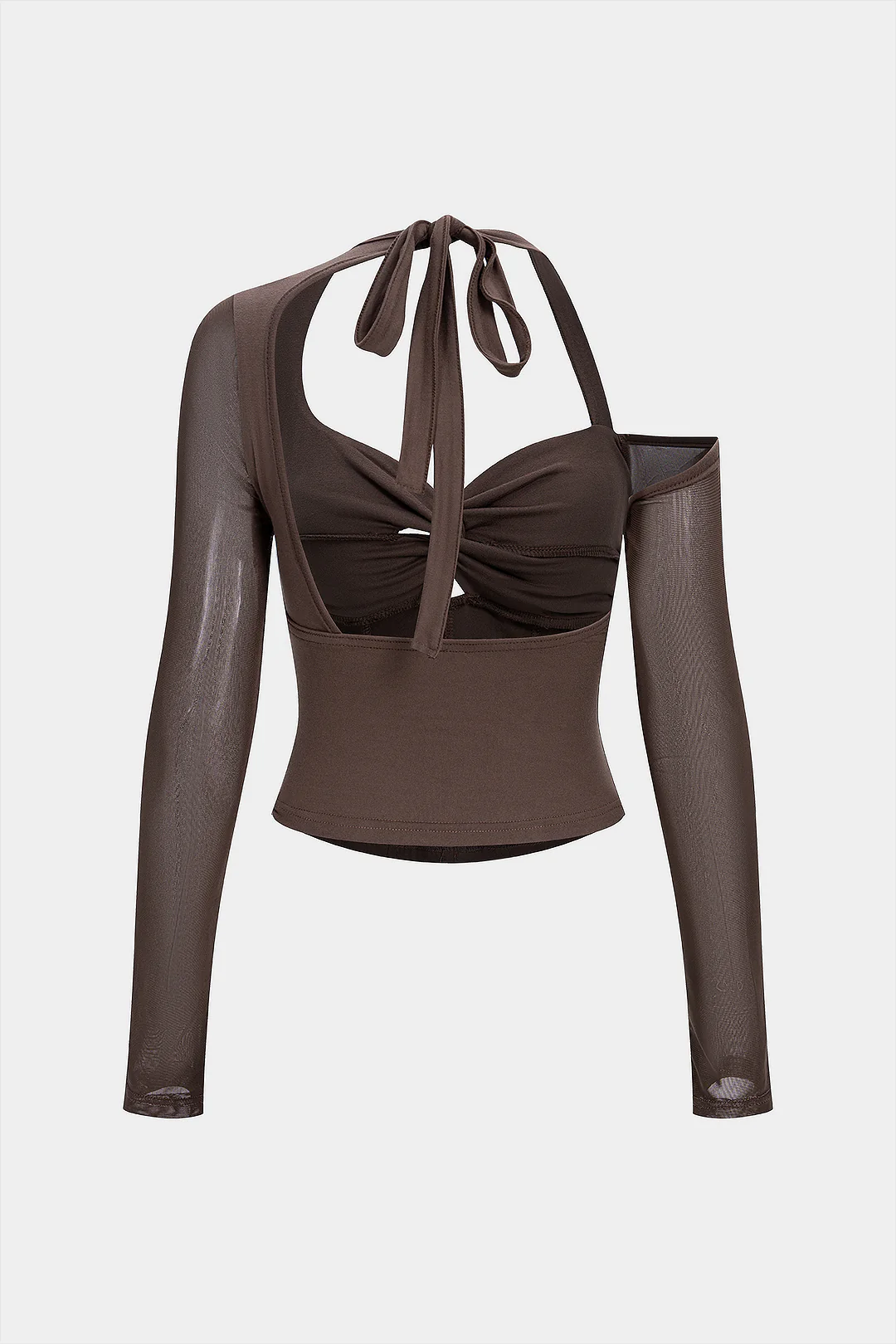 Halter Neck Tie-Back Asymmetrical Twist Knot Corset Long-Sleeve Top - Flockneti