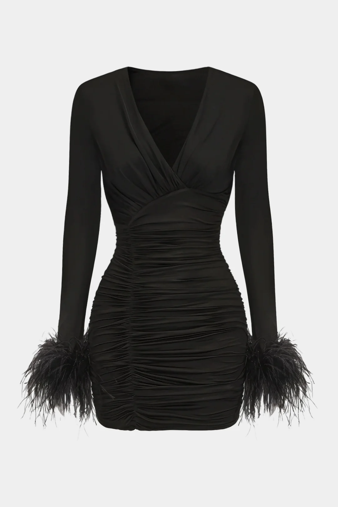 Ruched Feather Trim V-Neck Asymmetrical Long Sleeve Mini Dress - Flockneti