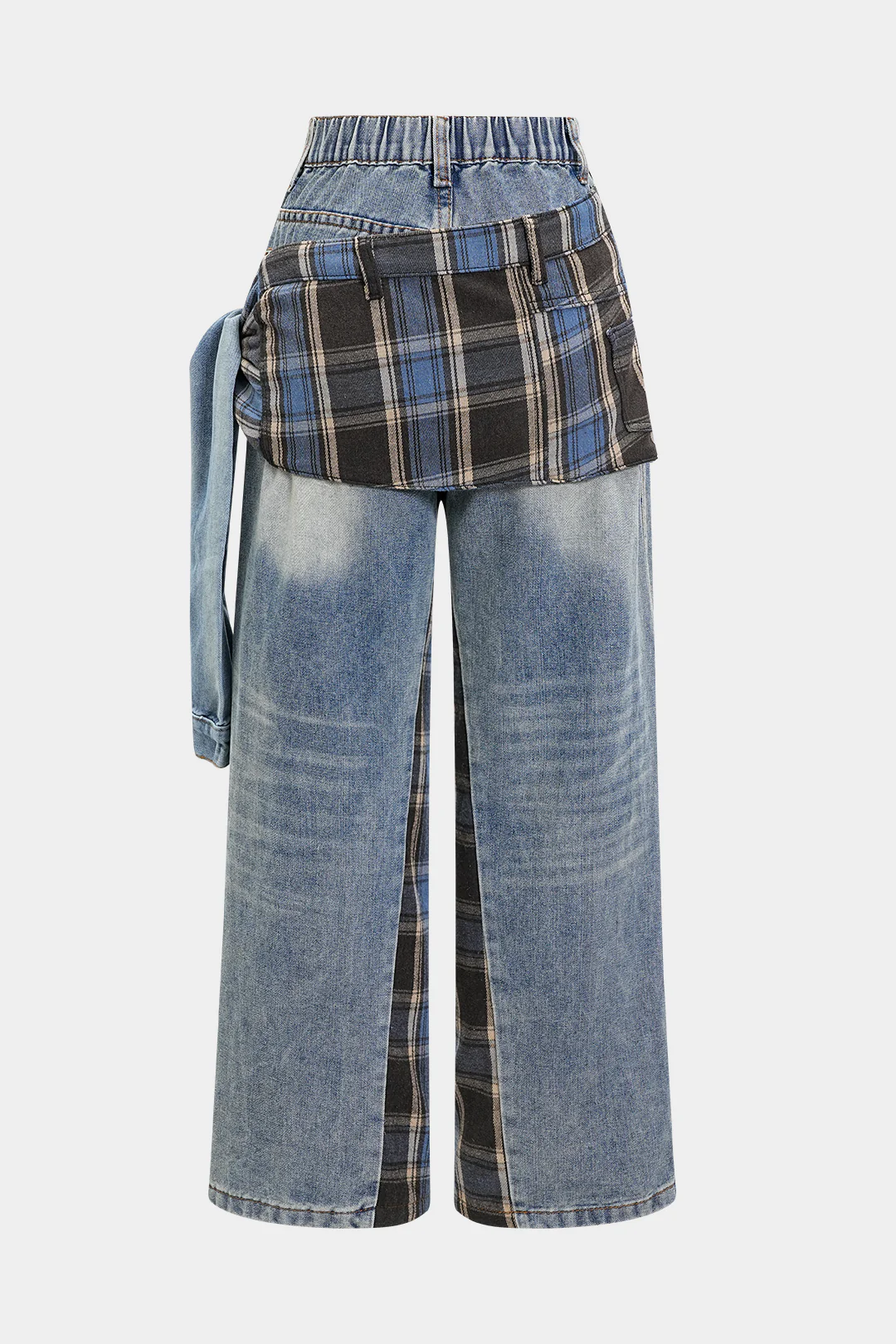 Denim Patchwork Plaid Print Washed Jeans - Flockneti