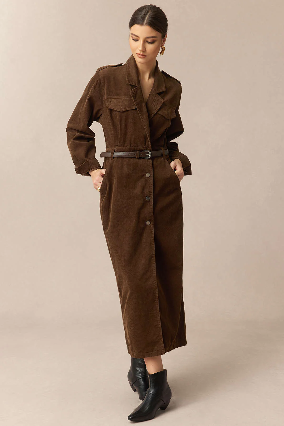 Corduroy Notched Lapel Button Pocket Belted Long Sleeve Dress - Flockneti