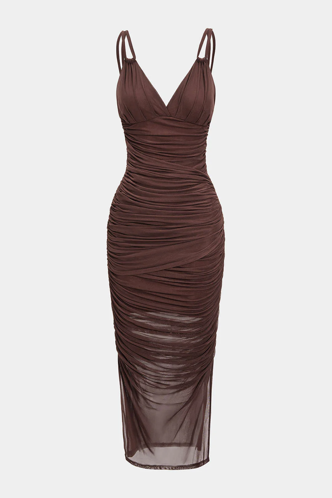 Mesh Ruched Slip V-Neck Sleeveless Maxi Dress - Flockneti
