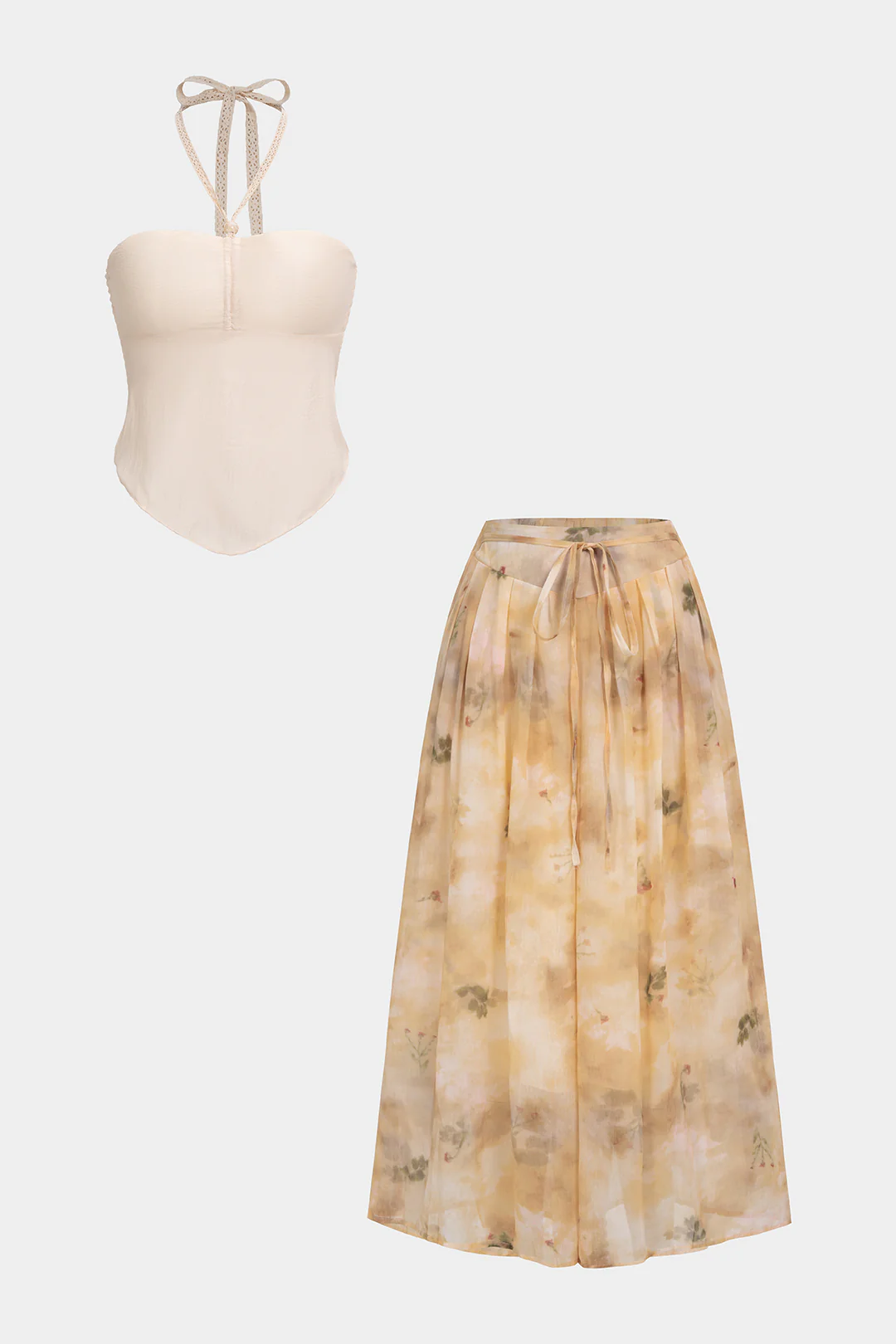 Halter Neck Tie Back Cami Top And Floral Print Wide Leg Pants - Flockneti