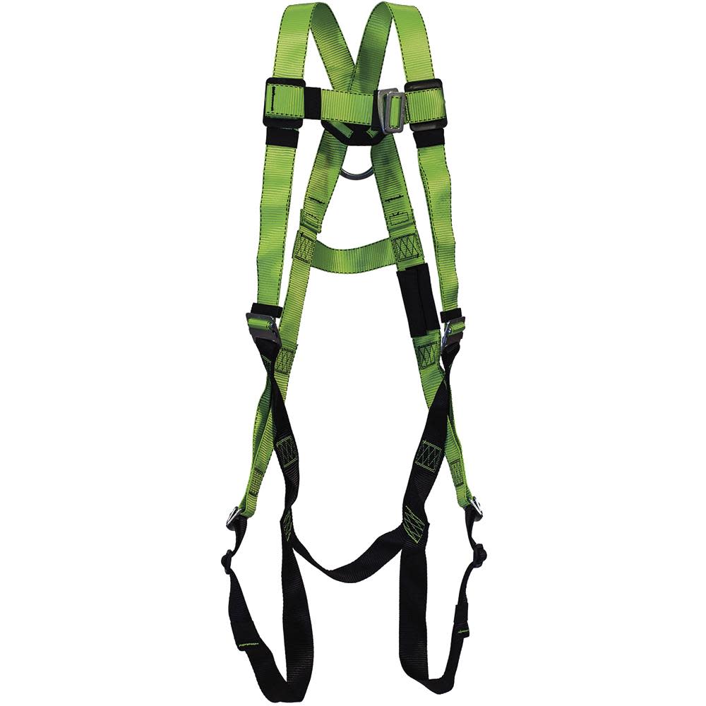 Peakworks Full Body Safety Harness 5-Point Adjustment with Fall Indicator Back D-Ring Pass Thru Leg Buckles Hi-Vis Green/Black Universal Fit - Flockneti
