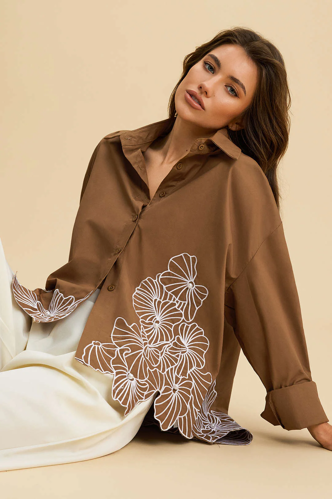 Asymmetrical Embroidery Button Long-Sleeve Shirt - Flockneti