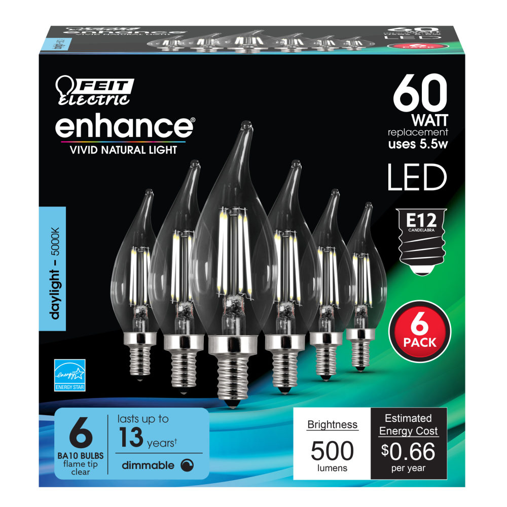Feit Electric 60W CA10 5000K Dimmable Flame Tip LED Bulb 6pk - Flockneti