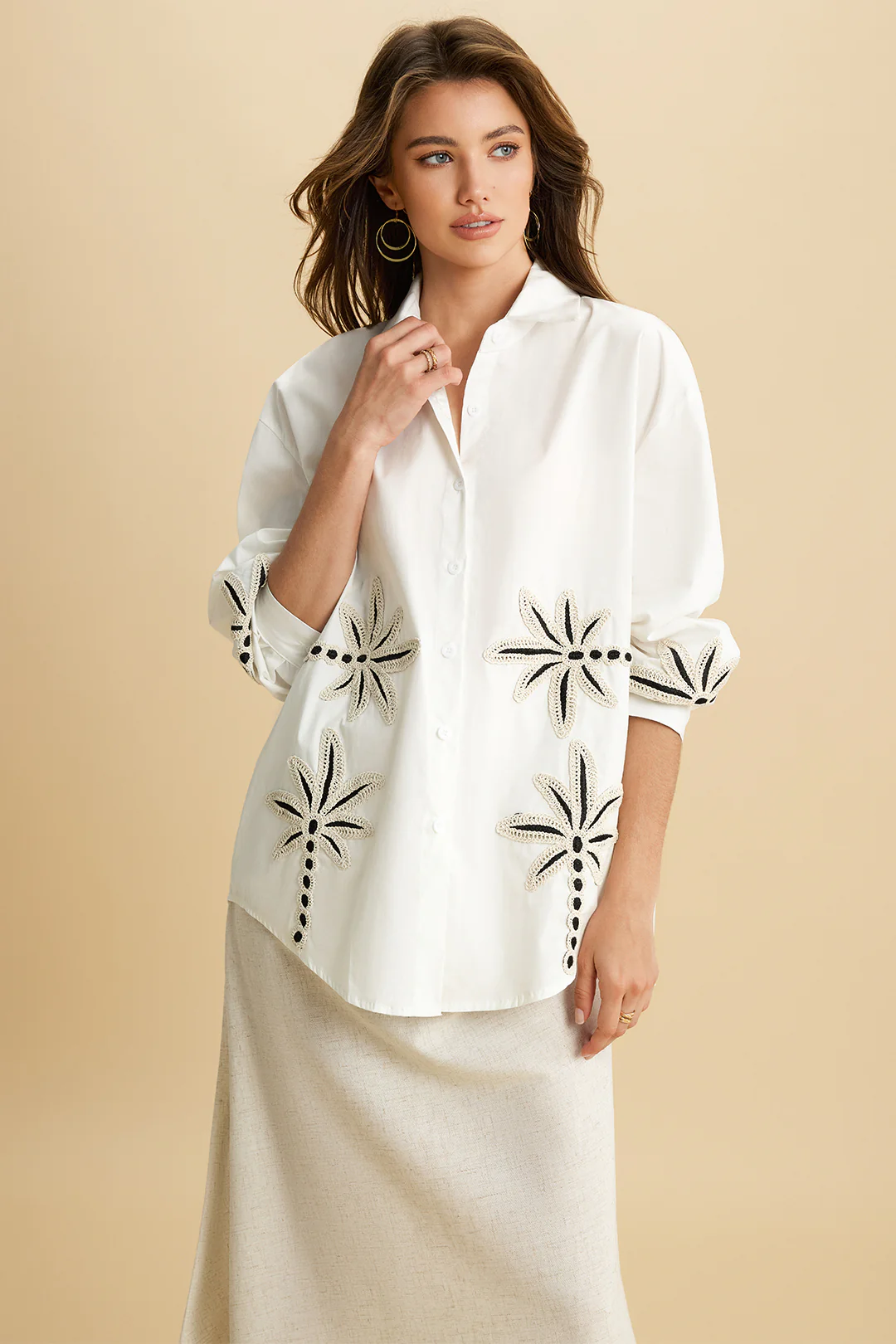 Appliques Button Long-Sleeve Shirt - Flockneti