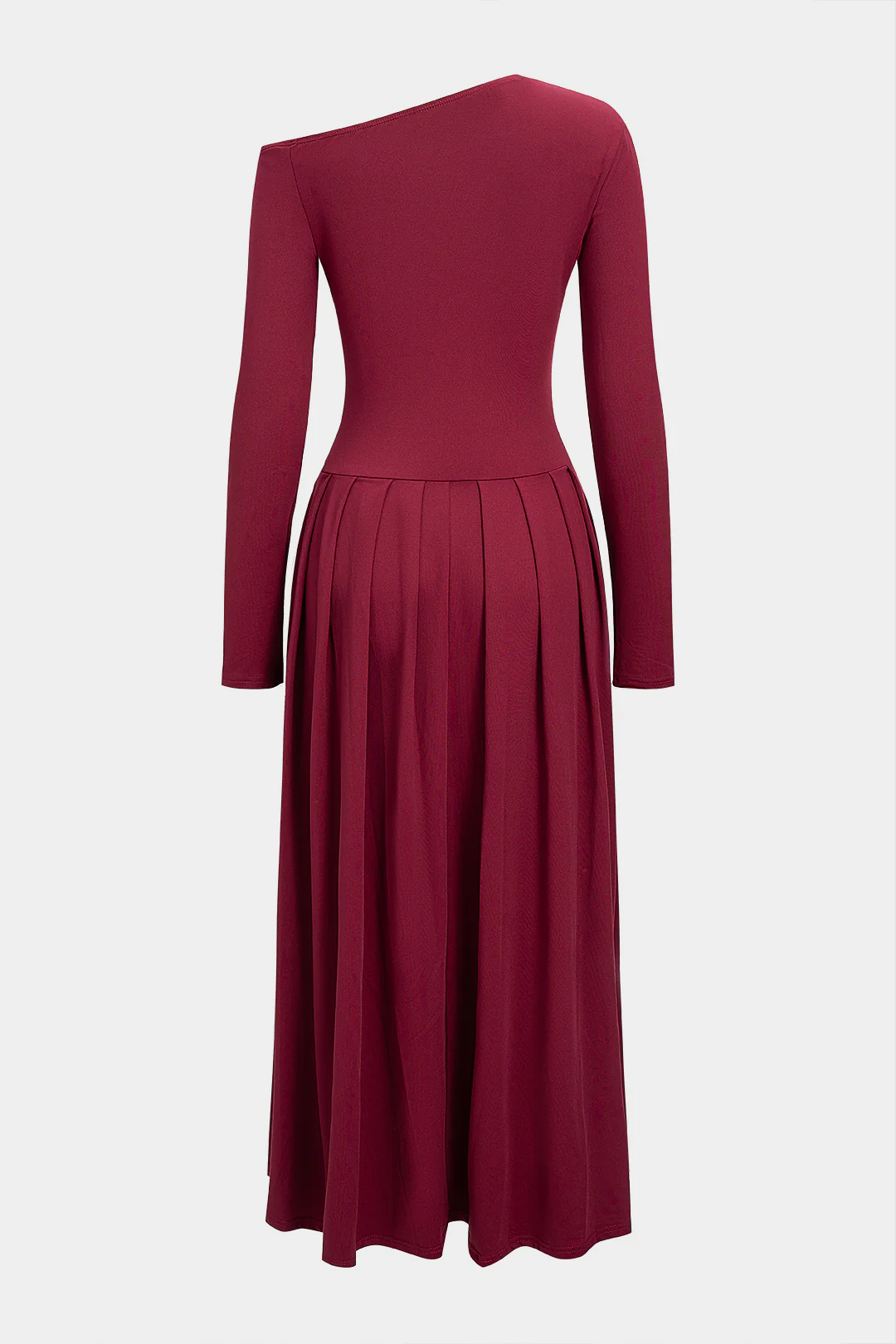 Asymmetrical Shoulder Pleated Long Sleeve Maxi Dress - Flockneti
