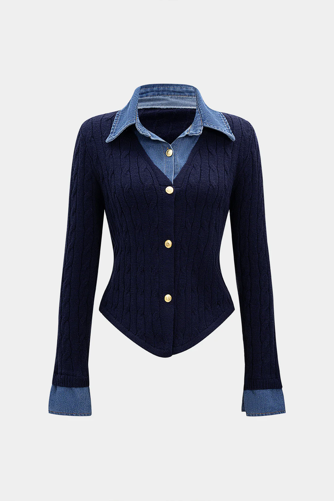 Cable Knit Patchwork Button Long-Sleeve Top - Flockneti