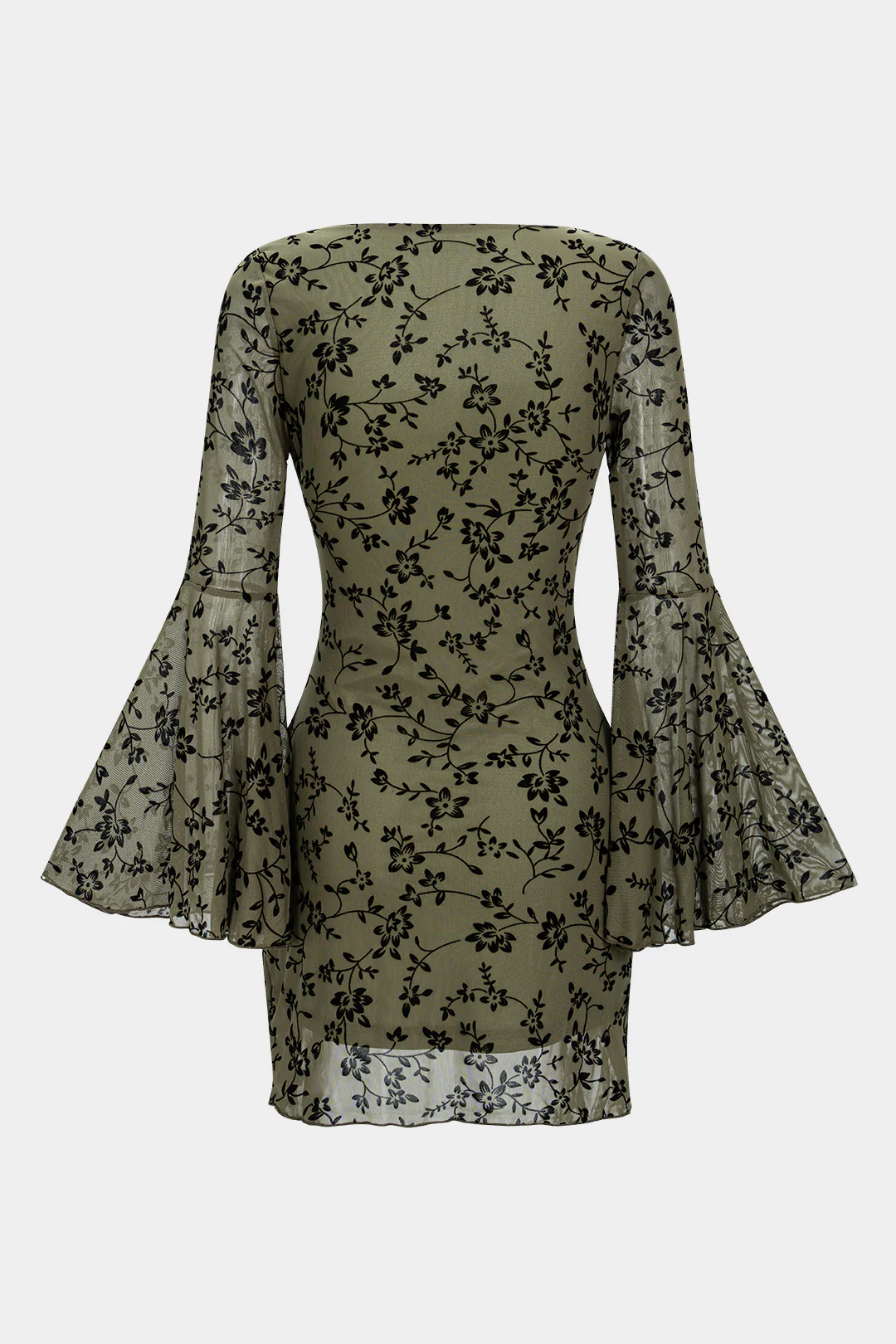 Floral Print Square Neck Tie-Front Bell Long Sleeve Mini Dress - Flockneti