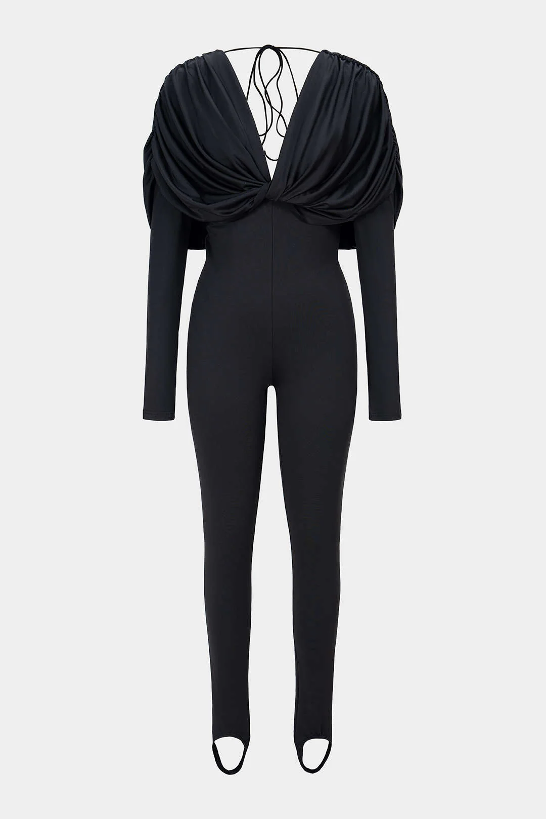 Twist Knot V-Neck Ruched Long Sleeve Jumpsuit - Flockneti