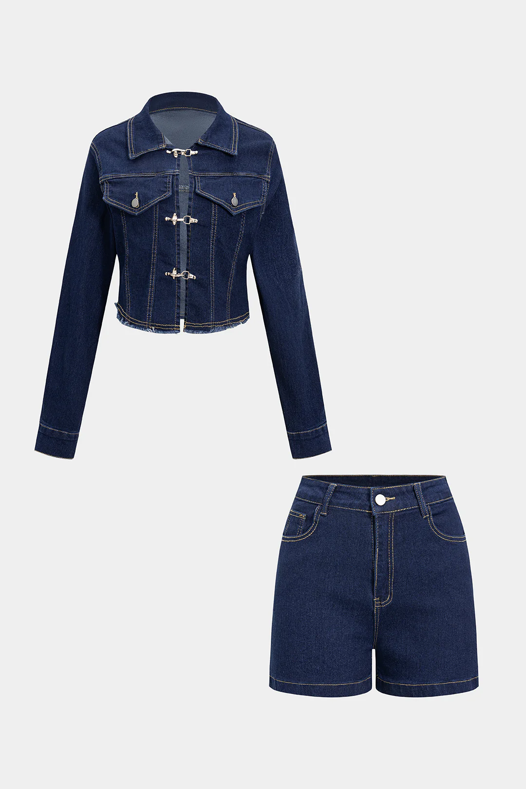 Denim Metallic Buckle Frayed Outerwear And Shorts Suit - Flockneti