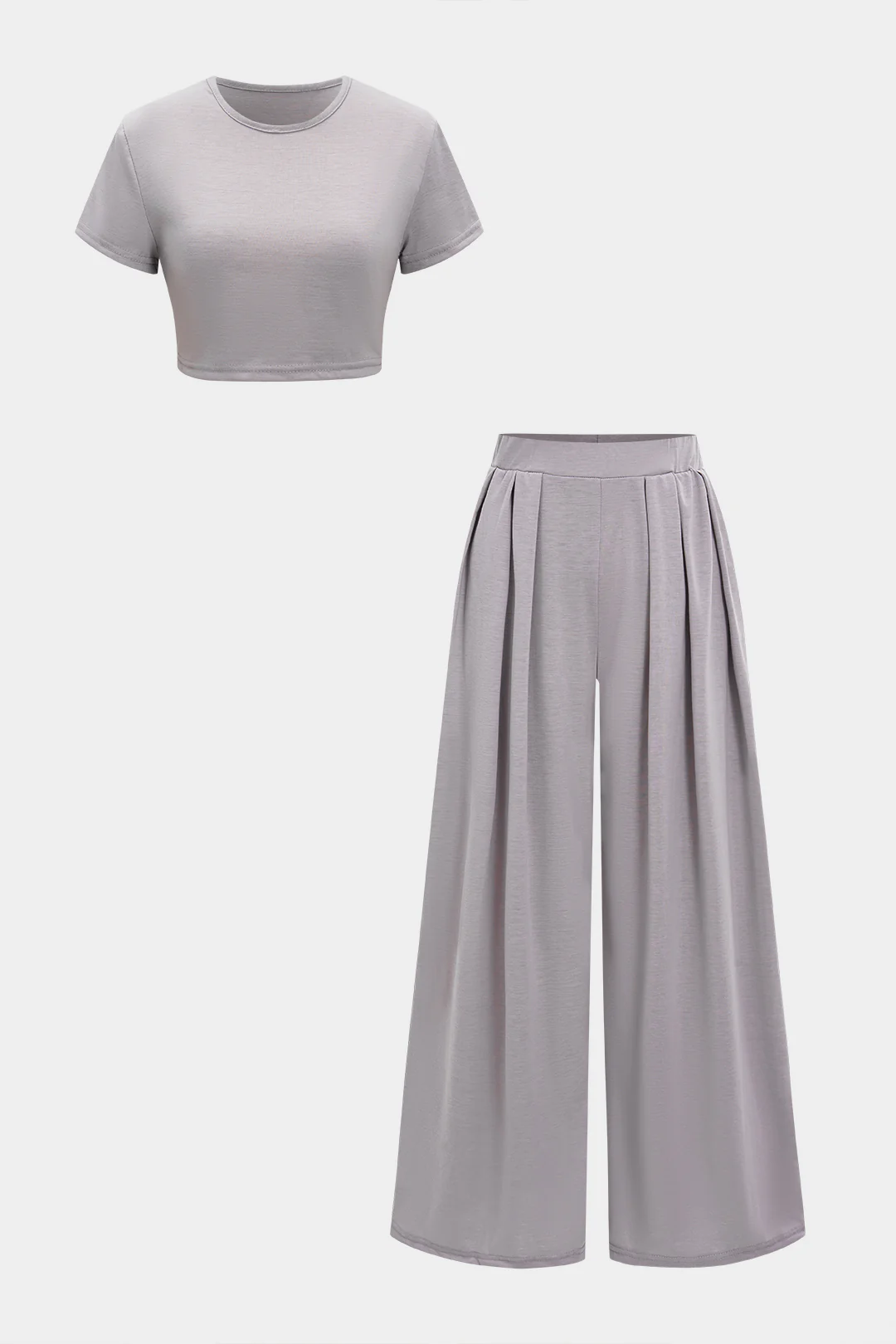 Solid Round Neck Cropped Top And Wide Leg Pants Set - Flockneti