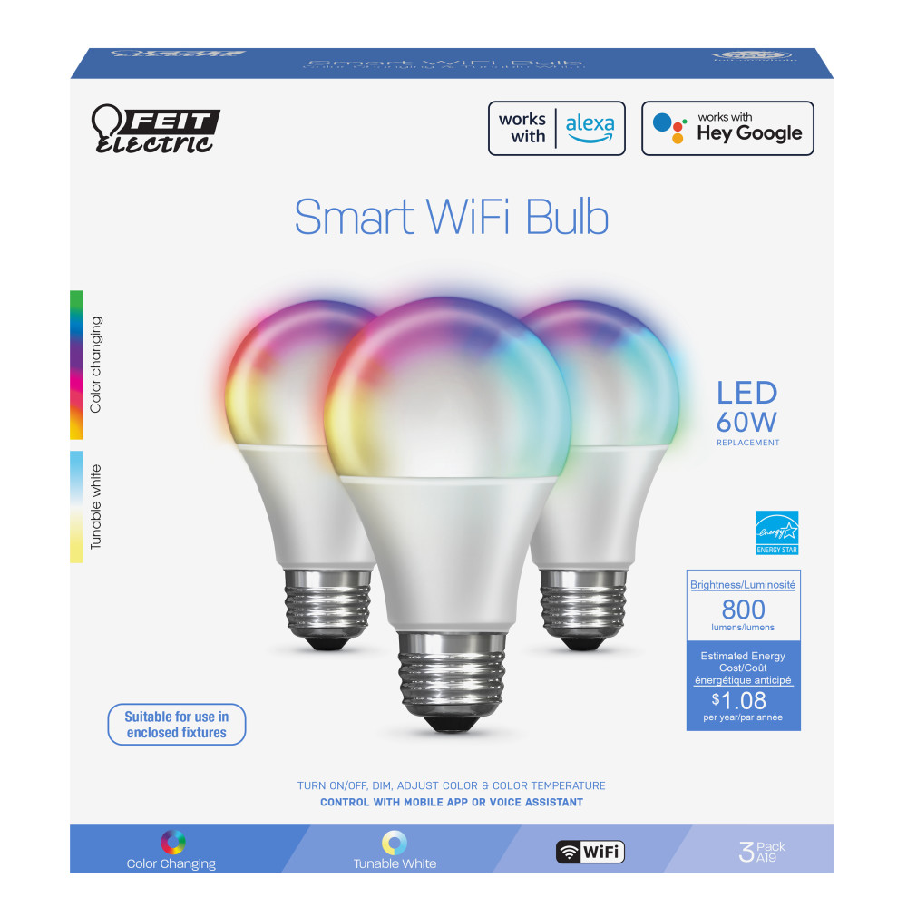 Feit Electric 60W A19 Alexa Google LED Smart WiFi Bulb 3pk - Flockneti