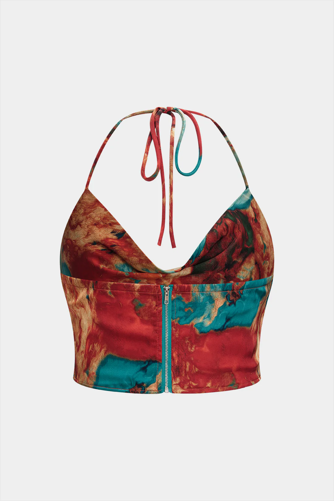Plus Size Satin Abstract Pattern Zipper Cowl Neck Halter Neck Tie-Up Cami Top - Flockneti