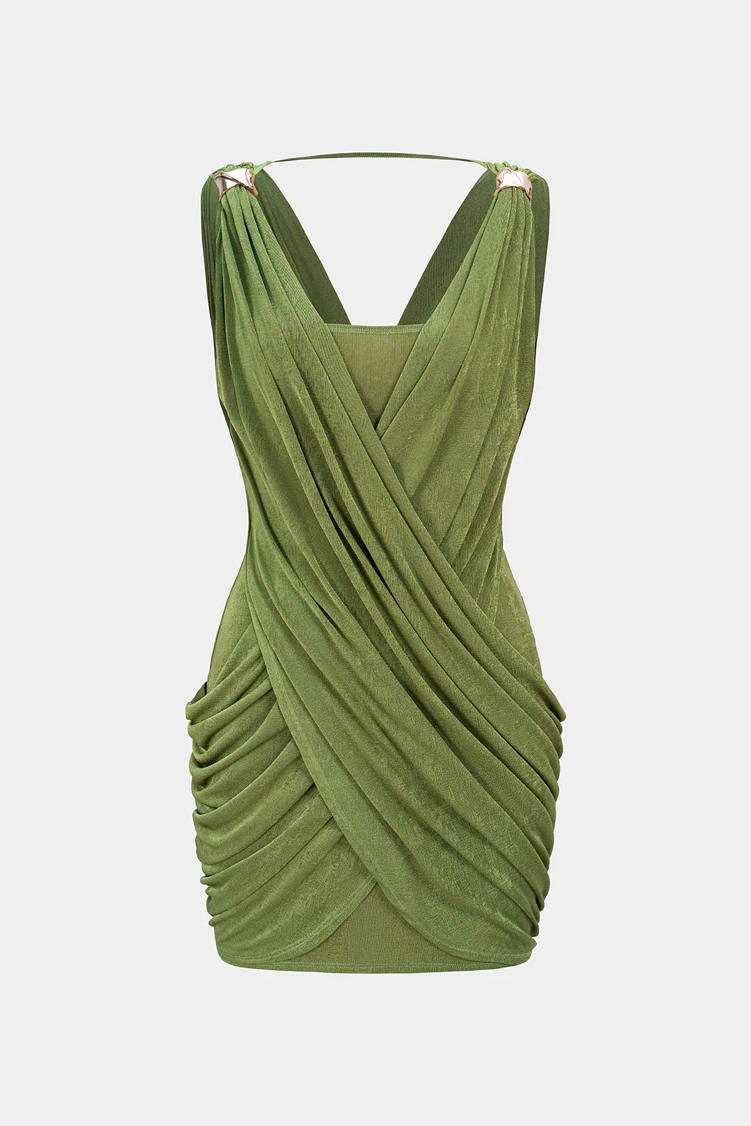 Crossed V-Neck Ruched Metallic Decor Sleeveless Mini Dress - Flockneti