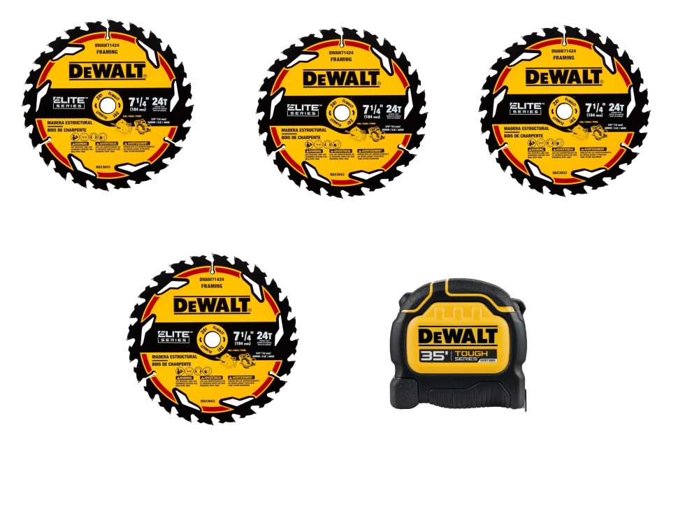 DEWALT Elite Series Circular Saw Blade 4pk Bundle with BONUS ToughSeries Tape Measure 35′ - Flockneti