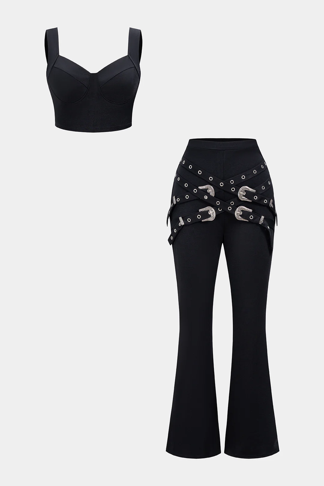 Solid Zipper Cami Top And Belted Pants Set - Flockneti