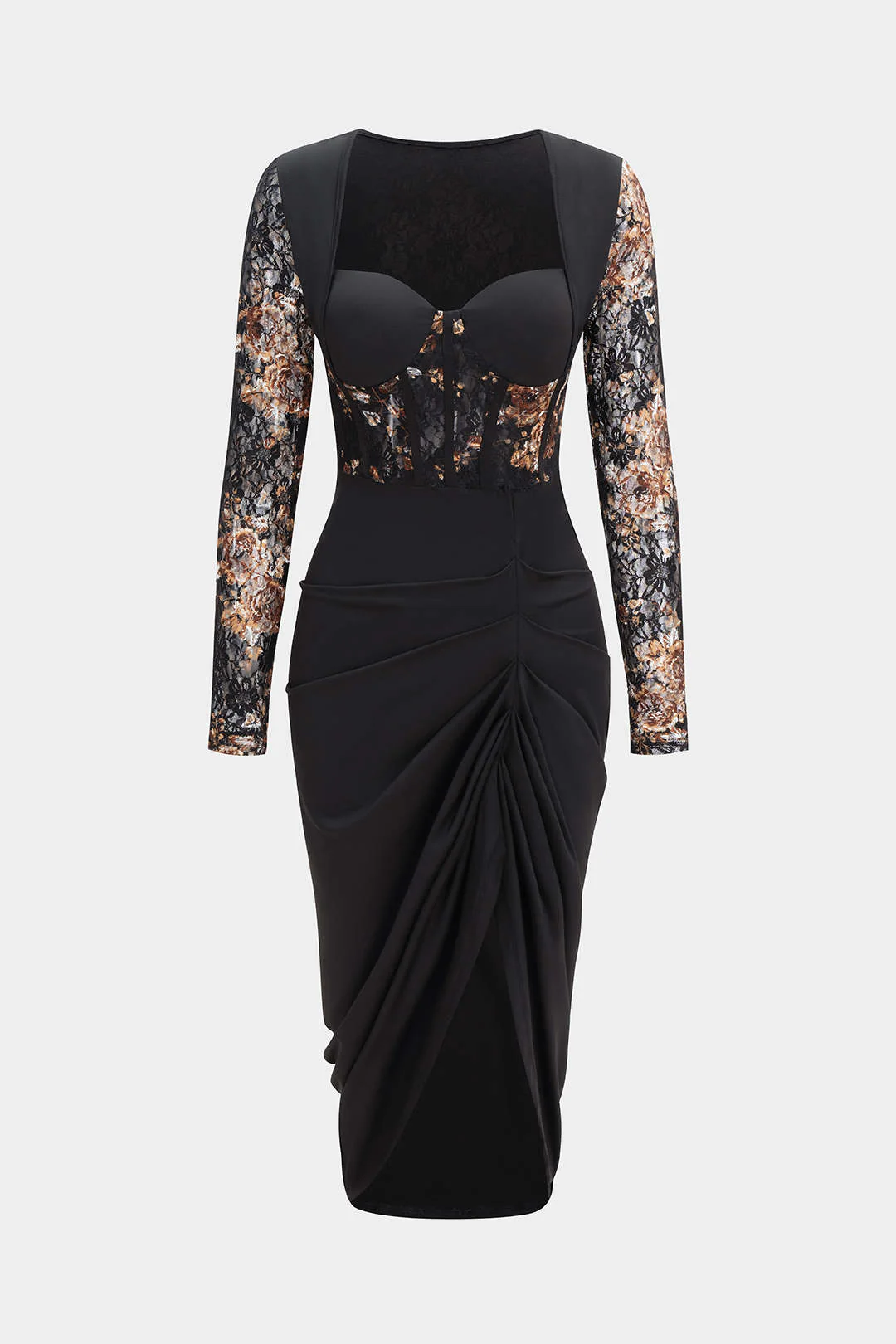 Floral Print Lace Patchwork Long Sleeve Midi Dress - Flockneti