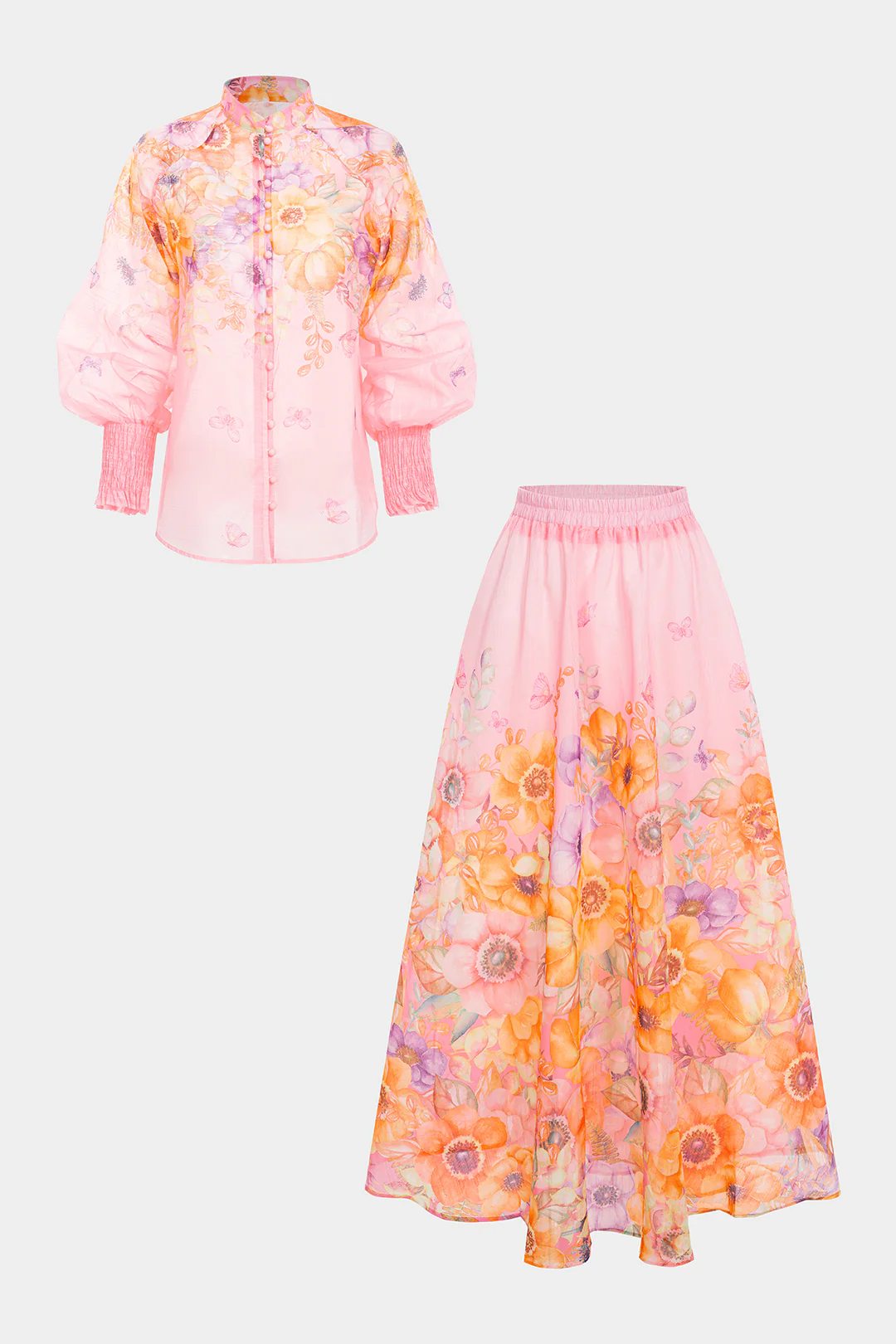 Floral Print Stand Collar Lantern Long Sleeve Shirt And Ruched High Waist Skirt Set - Flockneti