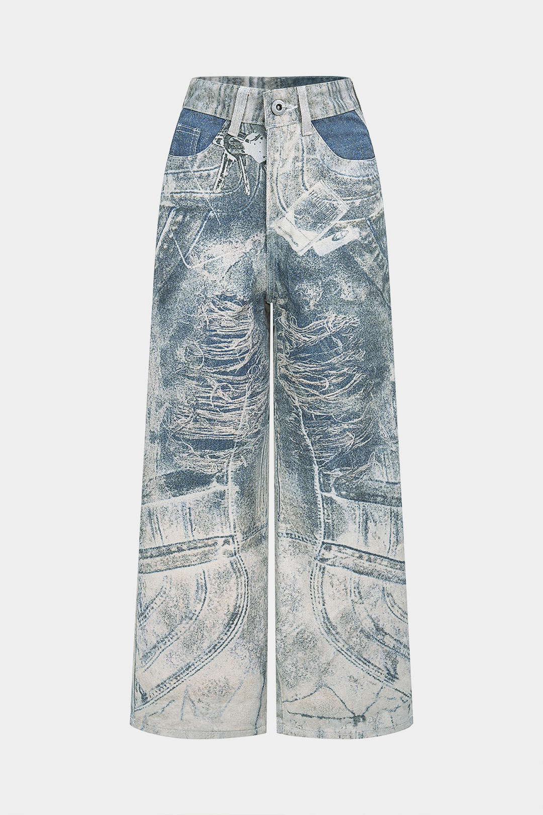 Denim Retro Print Wide Leg Jeans - Flockneti
