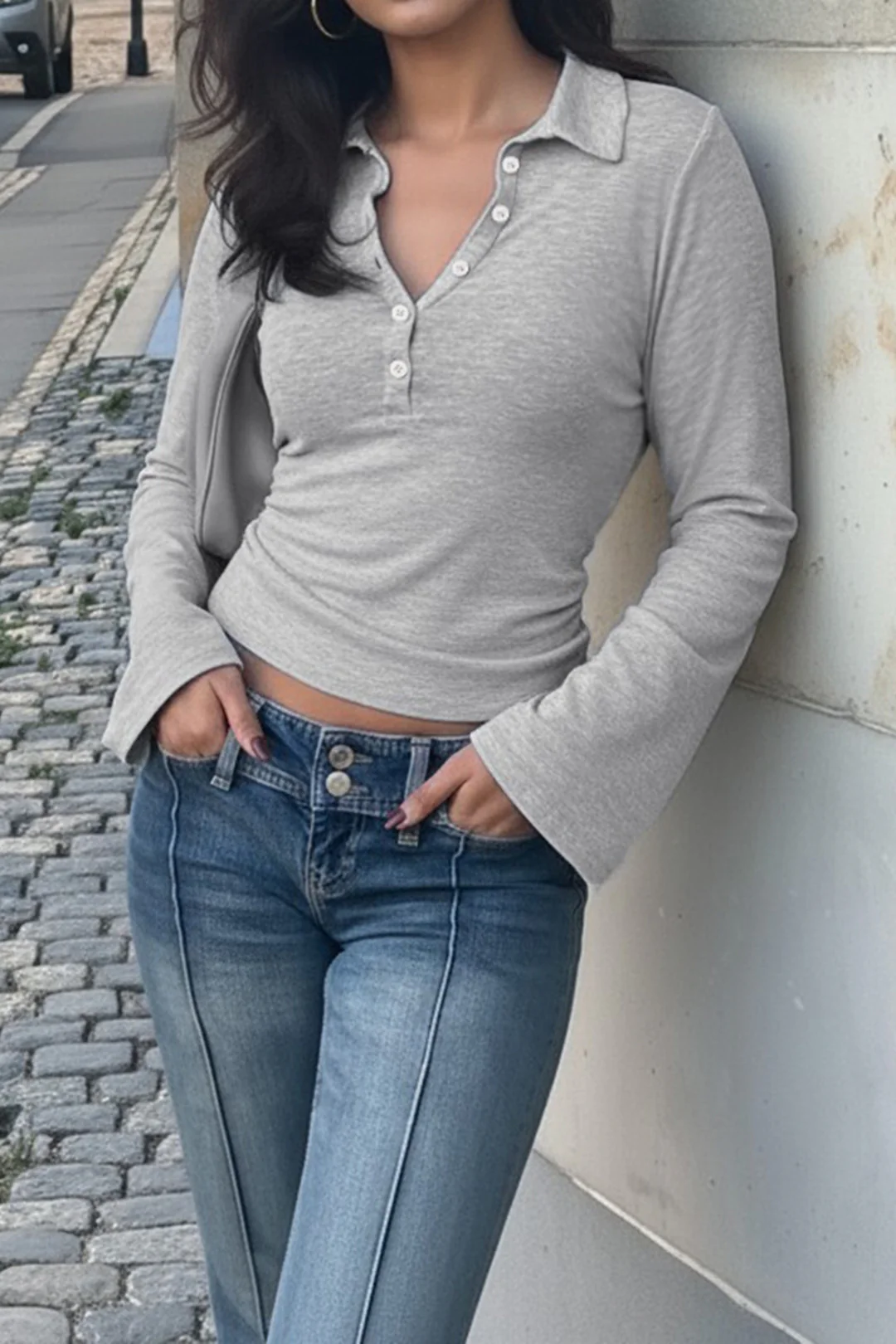 Solid Button Long-Sleeve Top - Flockneti