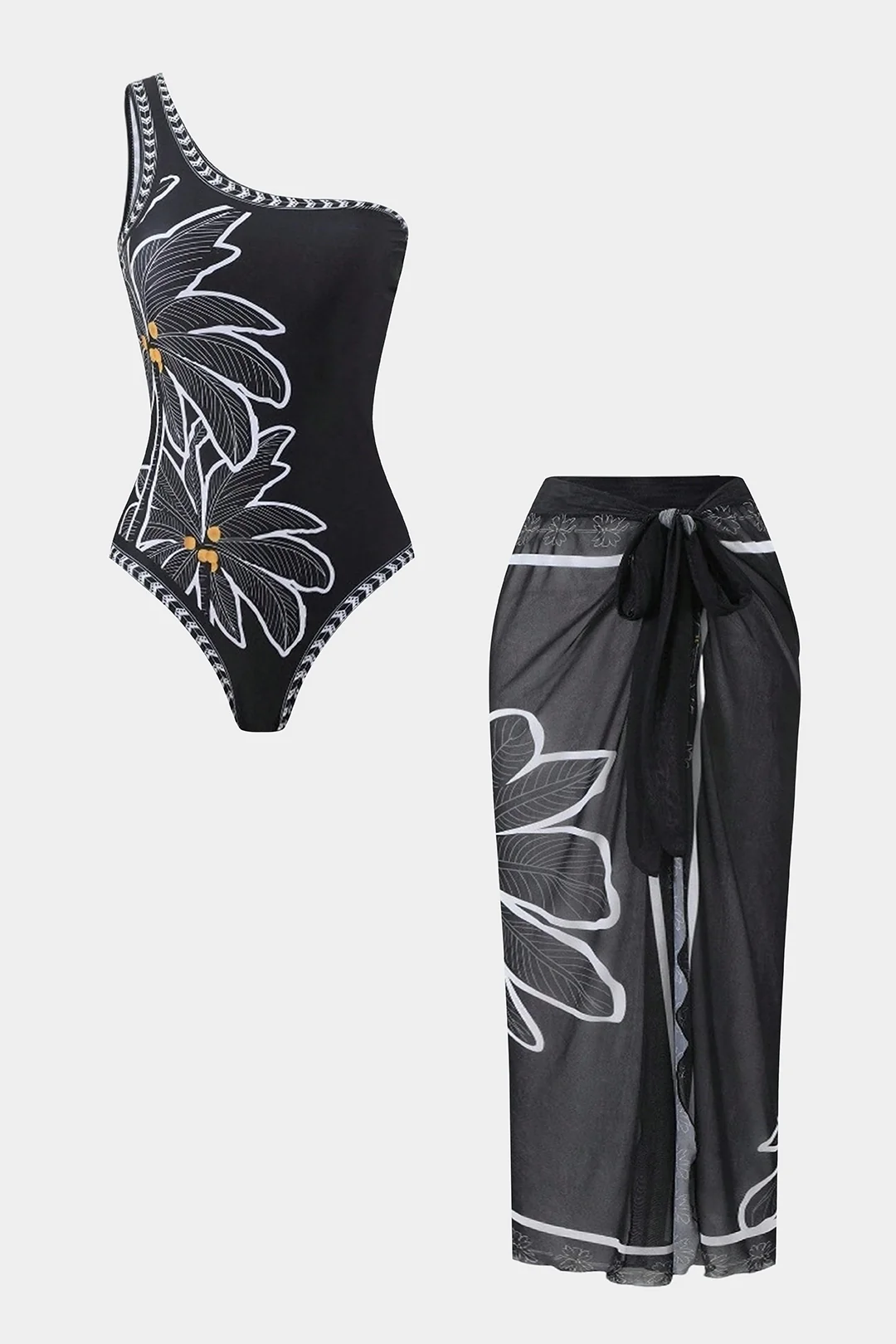 Floral Print Chiffon Patchwork One Shoulder Tie-Up Bikini Set - Flockneti
