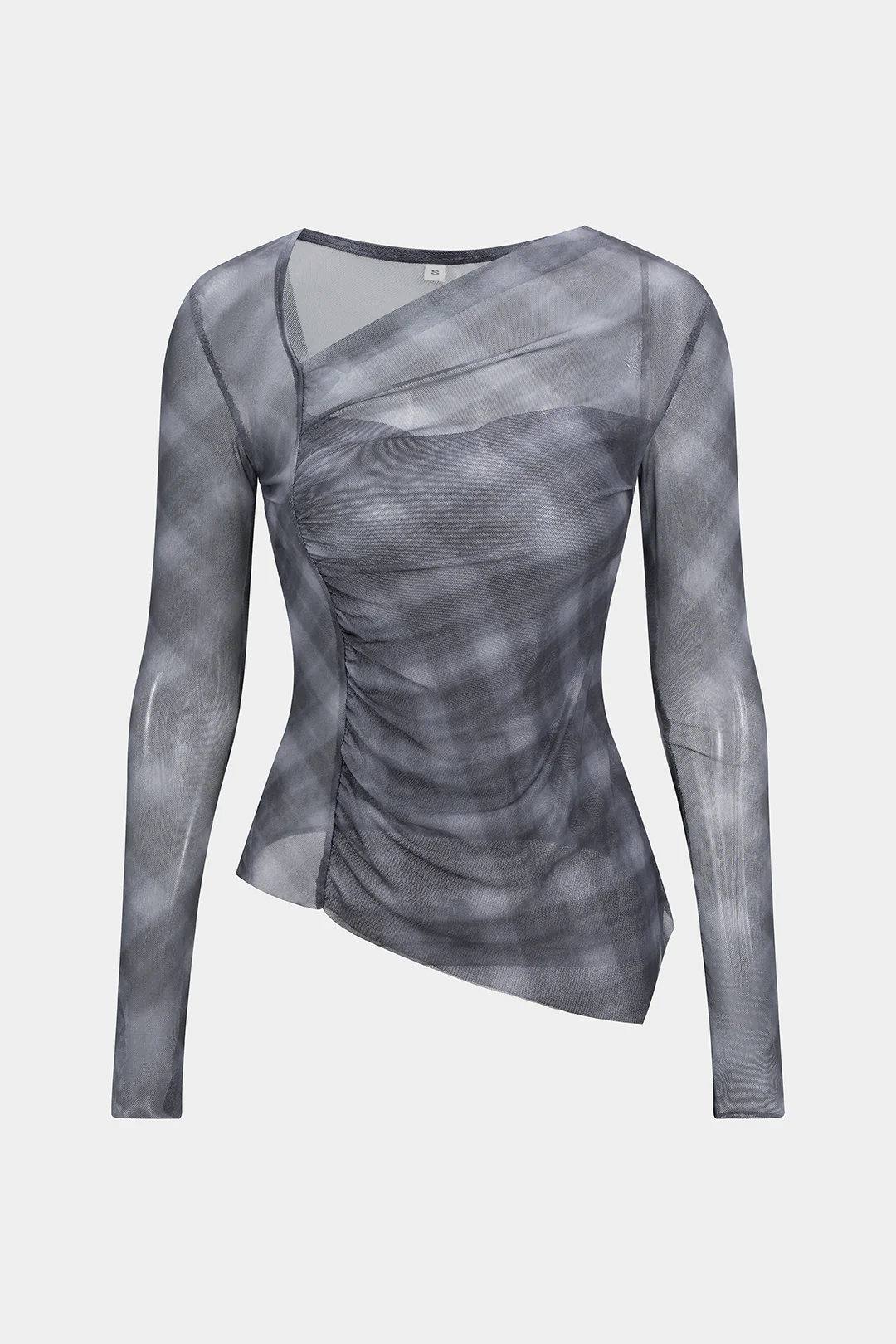 Plaid Print Sheer Mesh Asymmetrical Ruched Top - Flockneti