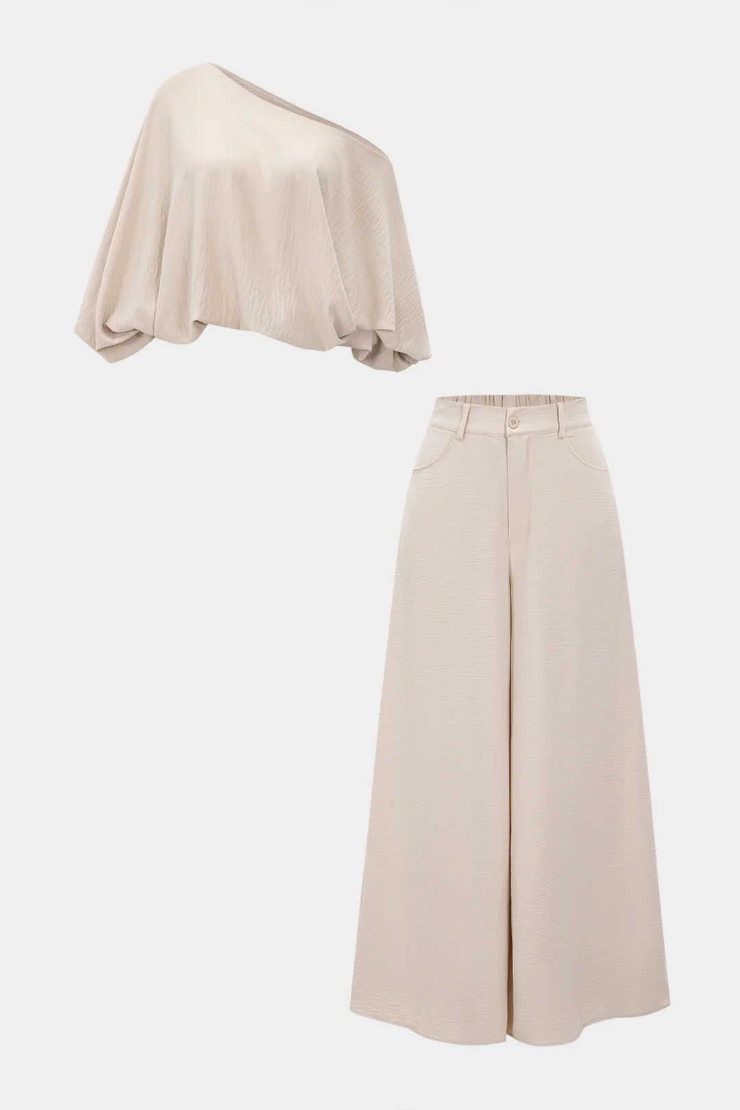 Asymmetrical Neck Ruched Lantern Sleeve Top And Wide Leg Trousers Set - Flockneti