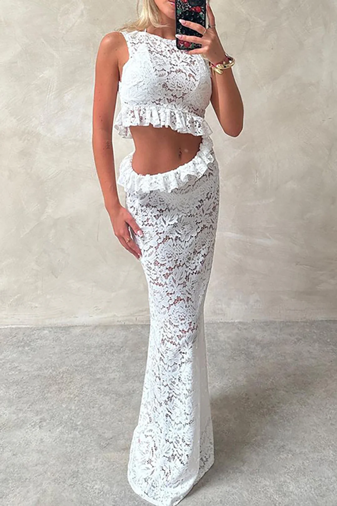 Lace Ruffle Cut Out Asymmetrical Sleeveless Maxi Dress - Flockneti
