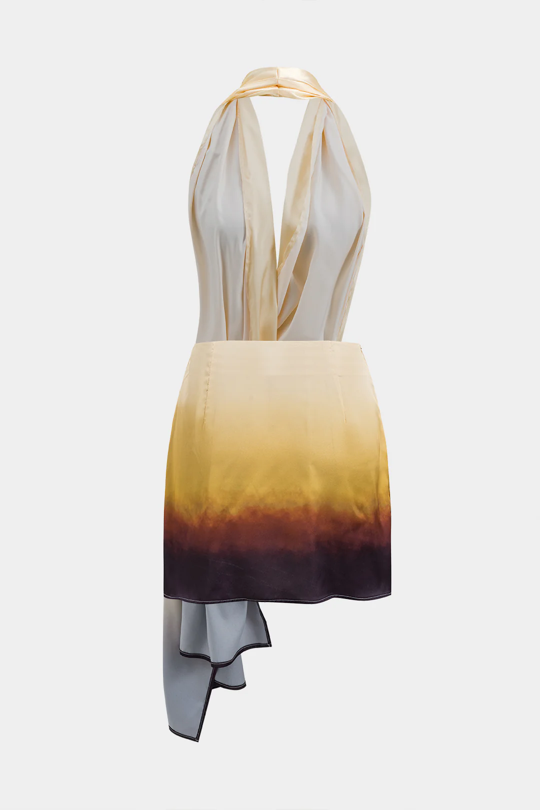 Ombre Print Satin Ruched Asymmetrical Backless Halter Two-Piece Mini Dress - Flockneti