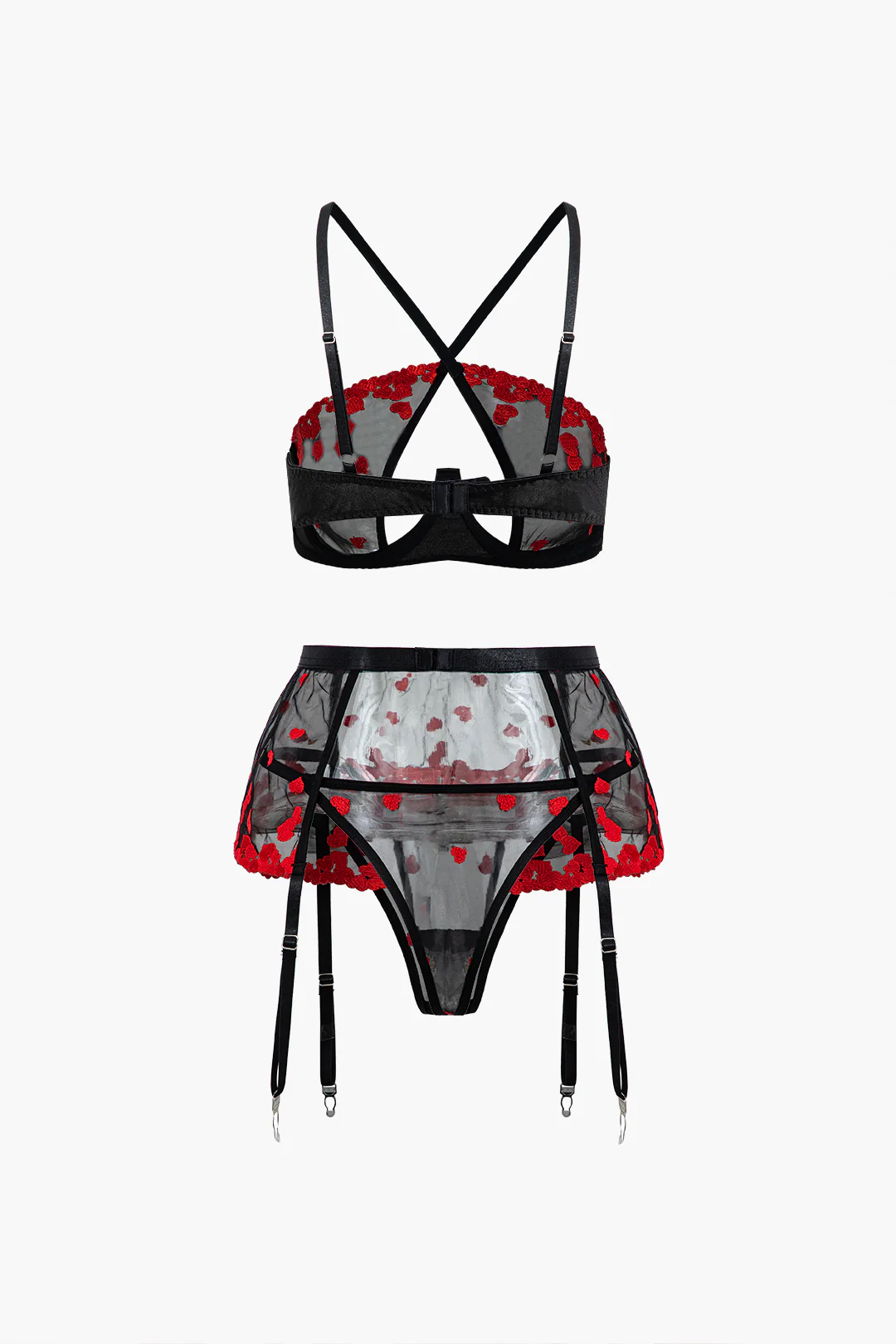 Embroidery Print Crossed Three-Pieces Lingerie Garter Set - Flockneti