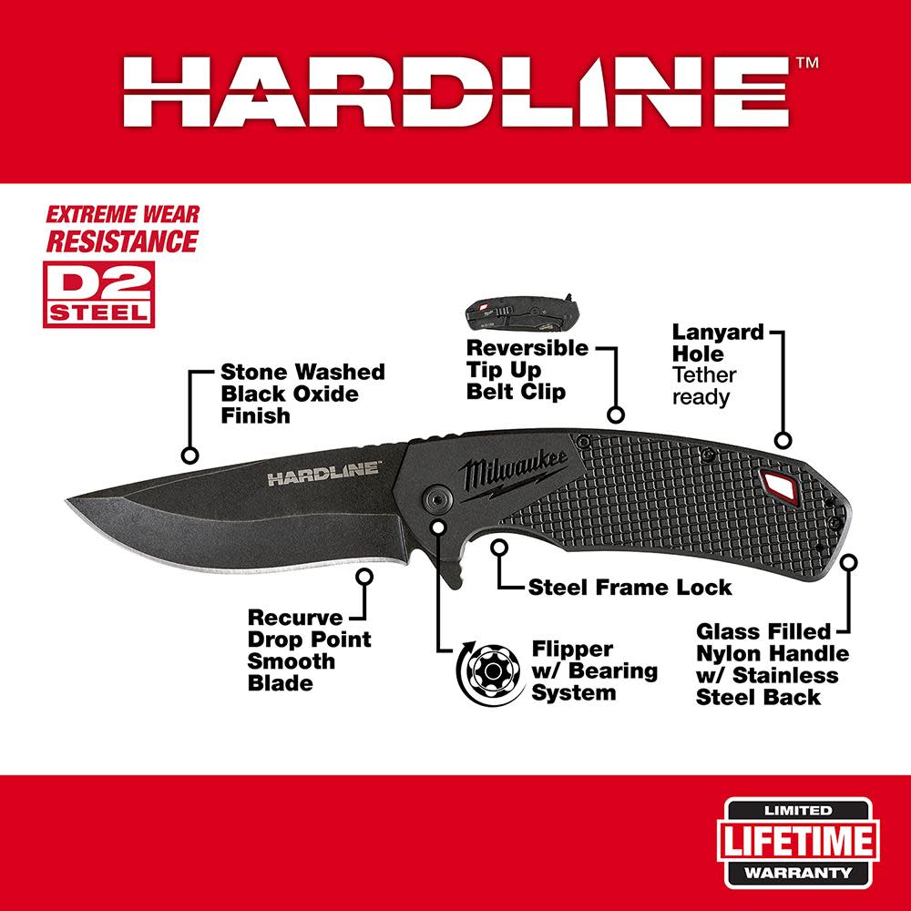 Milwaukee 3.5 in. HARDLINE Smooth Recurve Drop Point Blade Pocket Knife - Flockneti
