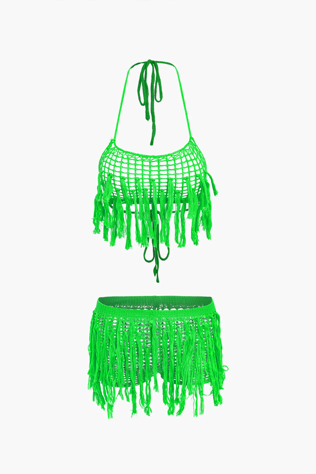 Knit Halter Neck Tie Up Fringe Cut Out Backless Cami Top And shorts Set - Flockneti