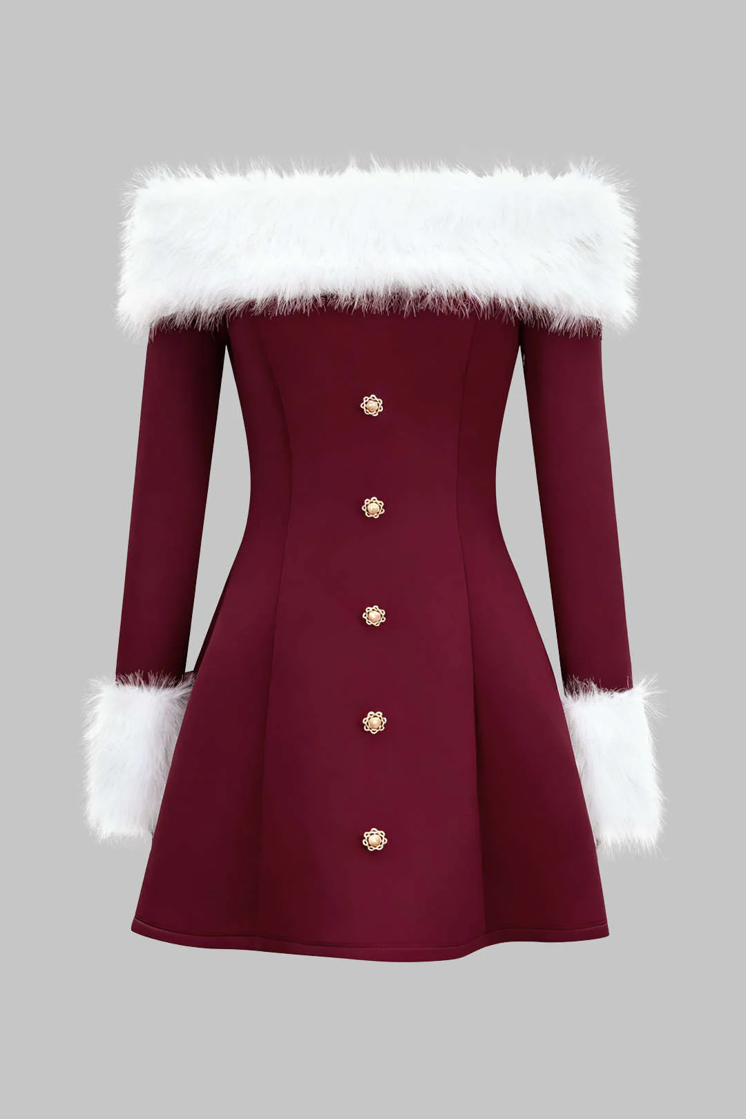 Fur Trim Patchwork Off-Shoulder Button Long Sleeve Mini Dress - Flockneti