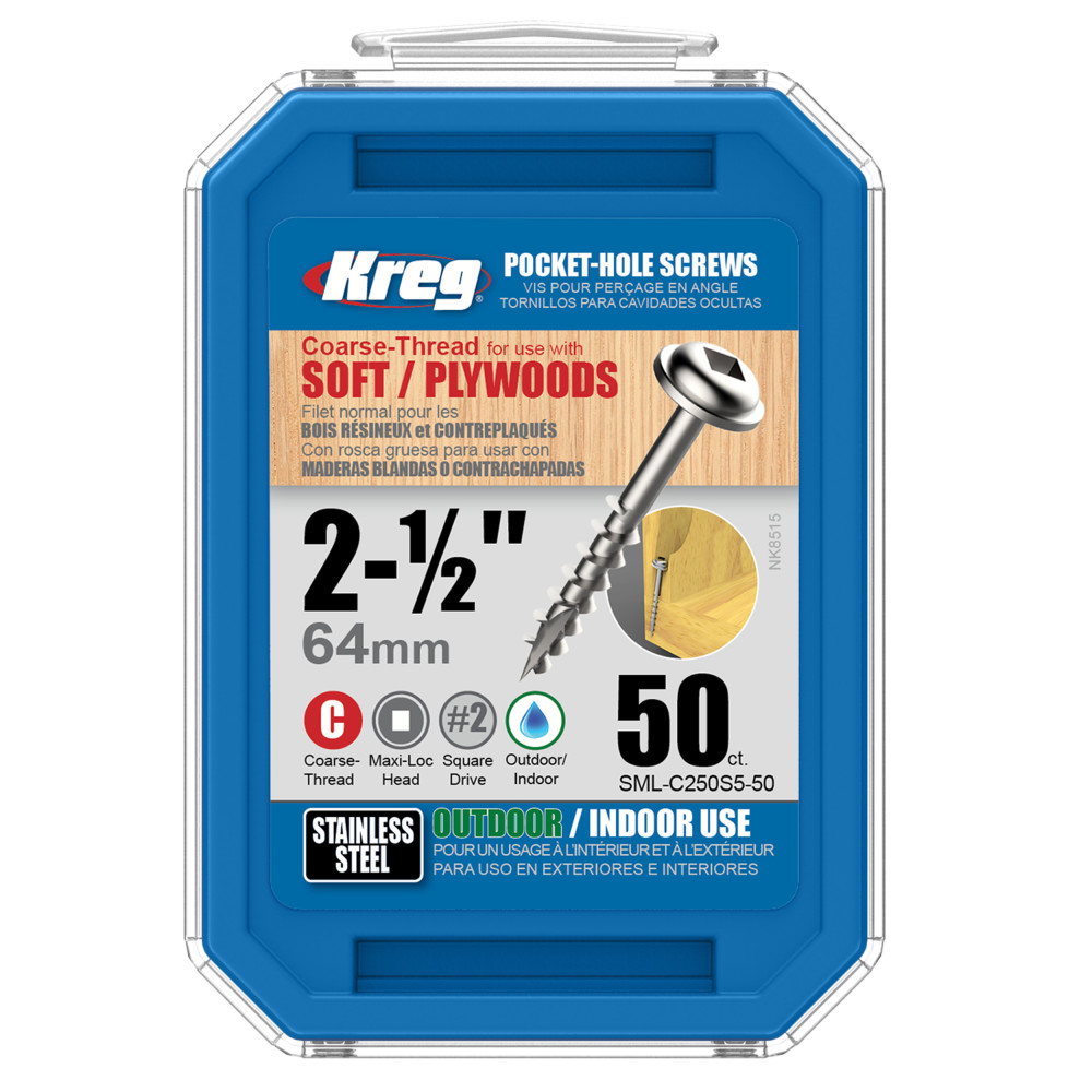Kreg Pocket Screws – 2-1/2″ #10 Coarse Stainless Steel Washer-Head 50ct. - Flockneti
