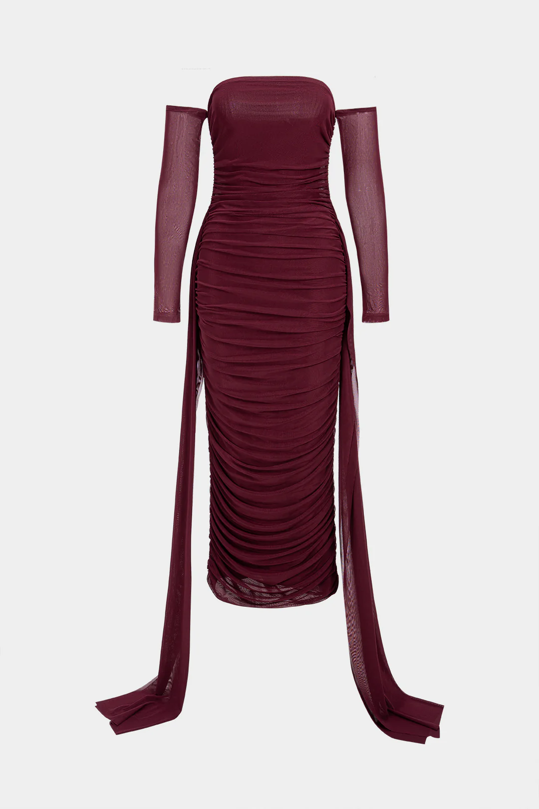 Mesh Off Shoulder Ruched Long Sleeve Maxi Dress - Flockneti