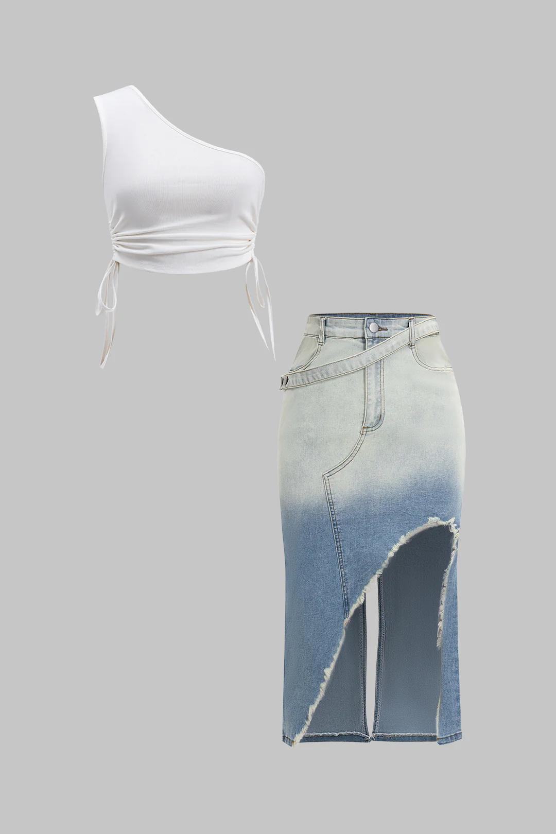 Ruched One Shoulder Asymmetrical Drawstring Top And Denim Washed Button Pocket Slit Skirt Set - Flockneti