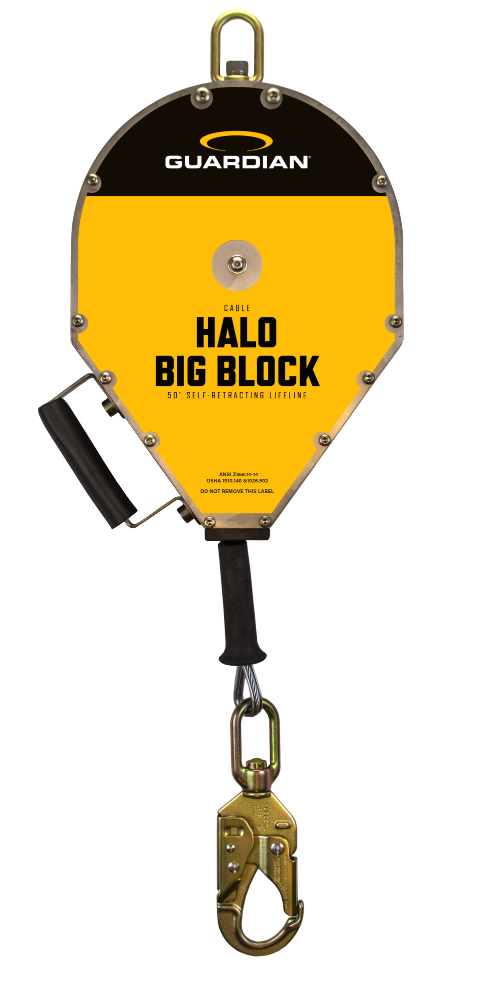 Guardian Fall Protection 50′ Halo Big Block Cable SRL with Steel Snap Hook - Flockneti