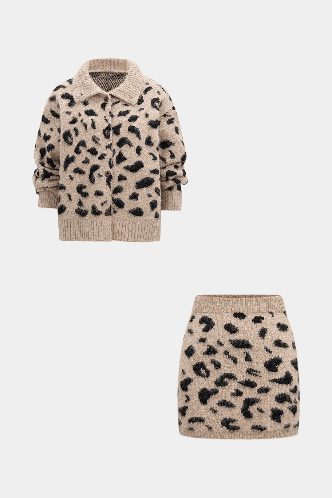 Knit Leopard Print Button Cardigan And Mini Skirt Set - Flockneti