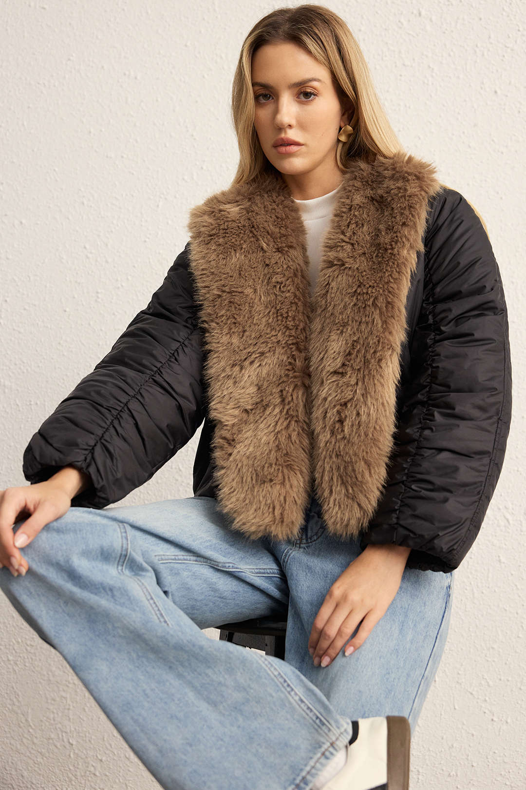 Faux Fur Collar Patchwork Puffer - Flockneti