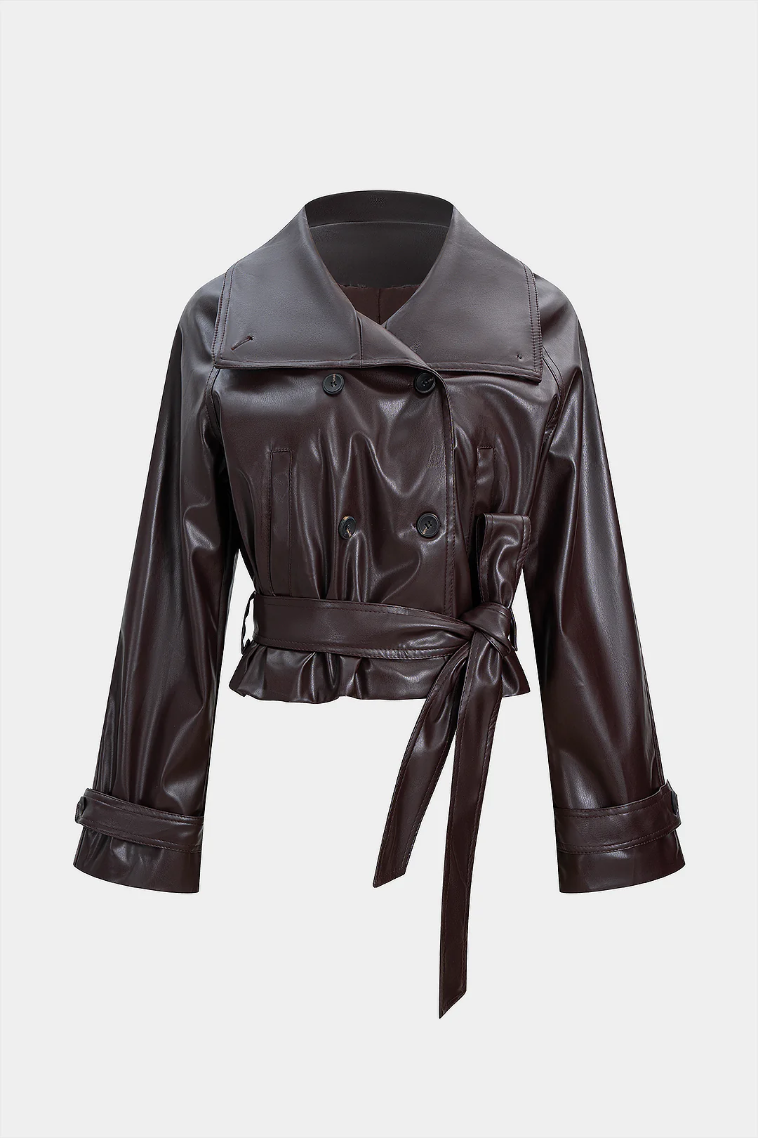 Faux Leather Tie-Up Notched Lapel Jacket - Flockneti