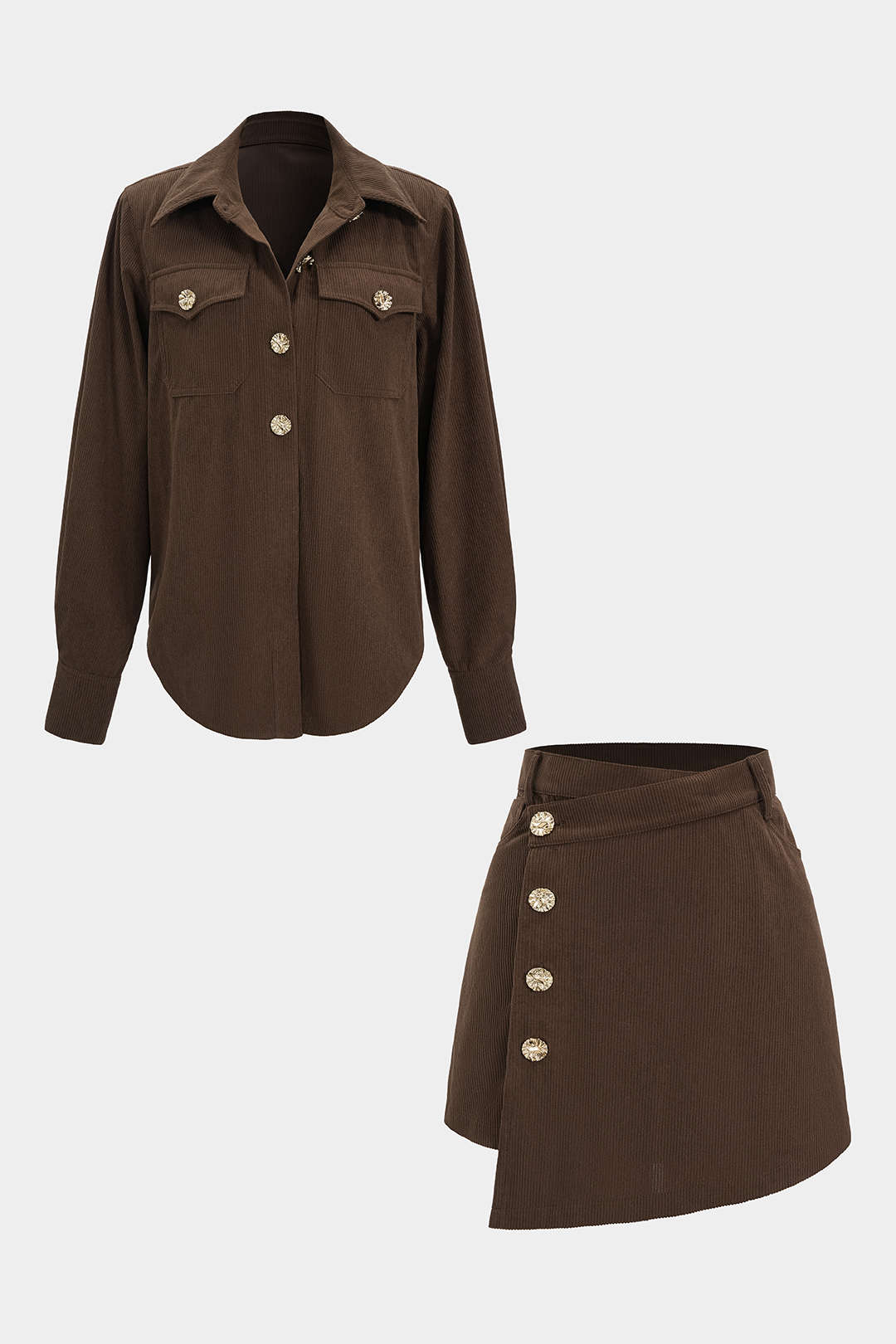Corduroy Button Long-Sleeve Shirt And Button Skirt Set - Flockneti